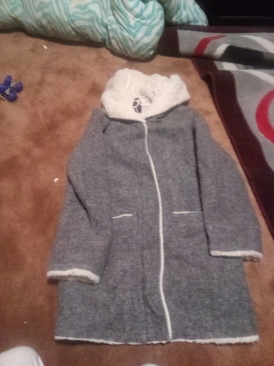 Grey Fleece Coat with Faux Fur Trim