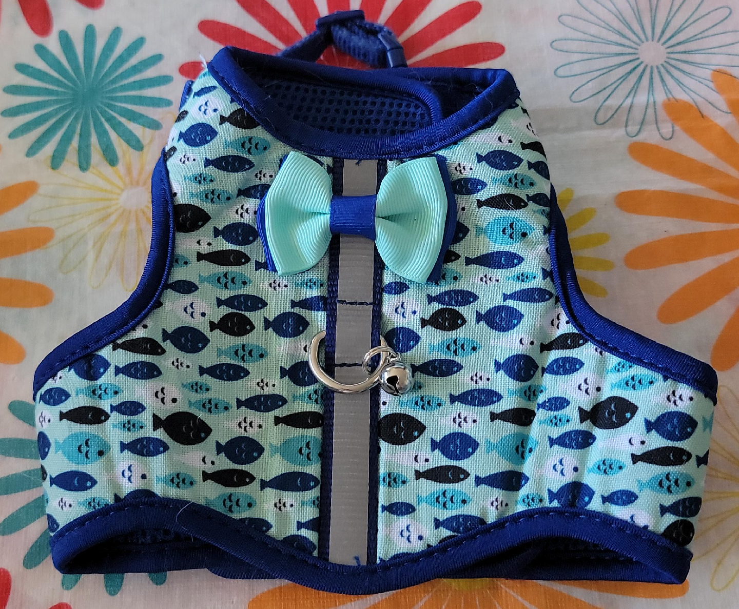 Blue Fish Pattern Cat Harness with Bow thumbnail