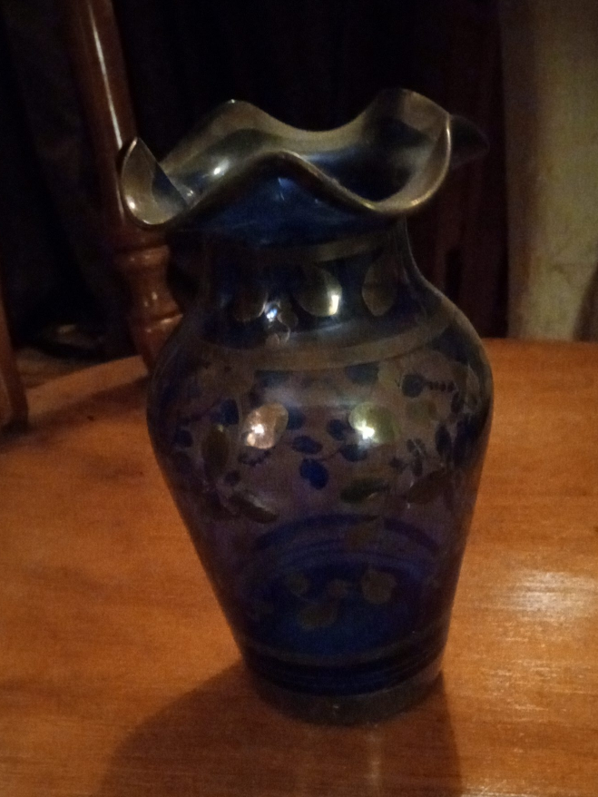 Blue Glass Vase with Floral Design thumbnail