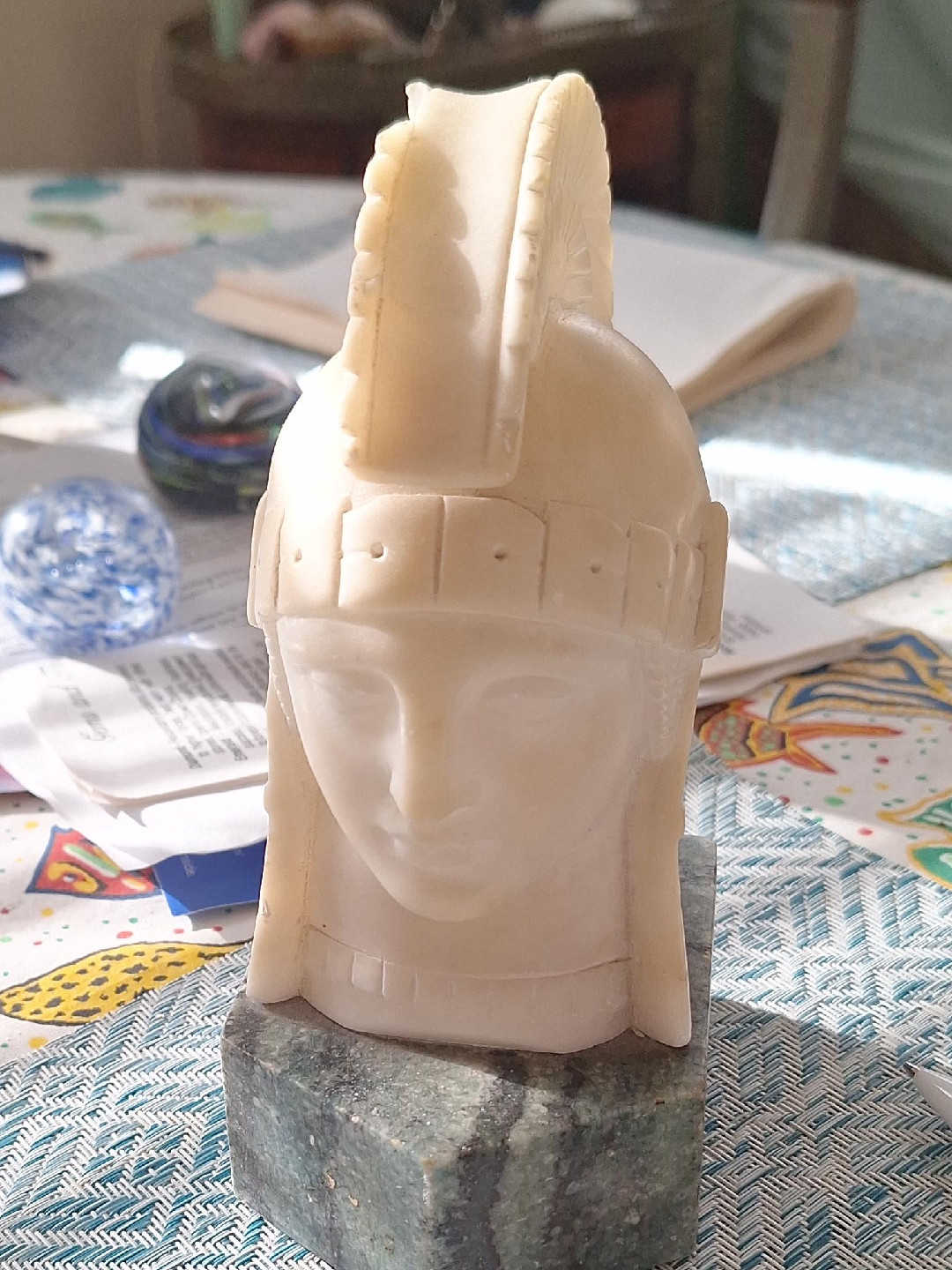 Carved Stone Head Figurine on Marble Base