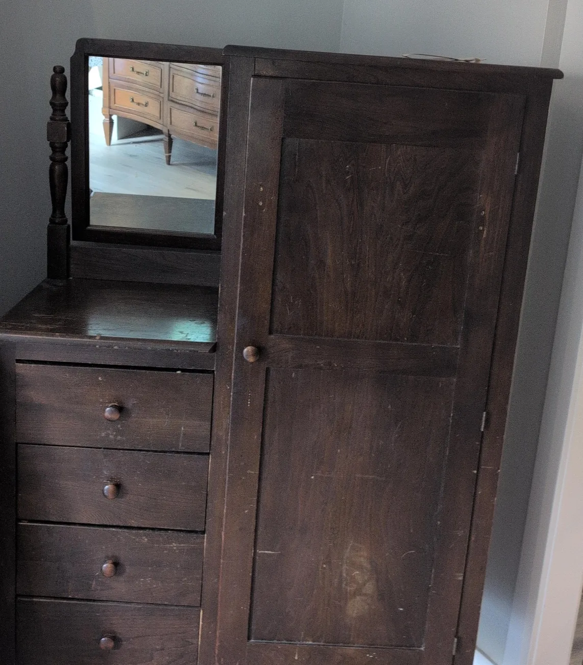 Antique Dark Wood Armoire with Mirror