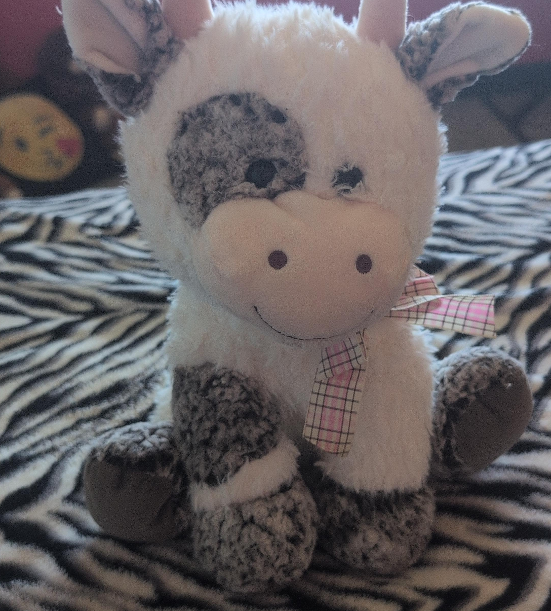 Cow Plush Toy with Pink Plaid Ribbon thumbnail