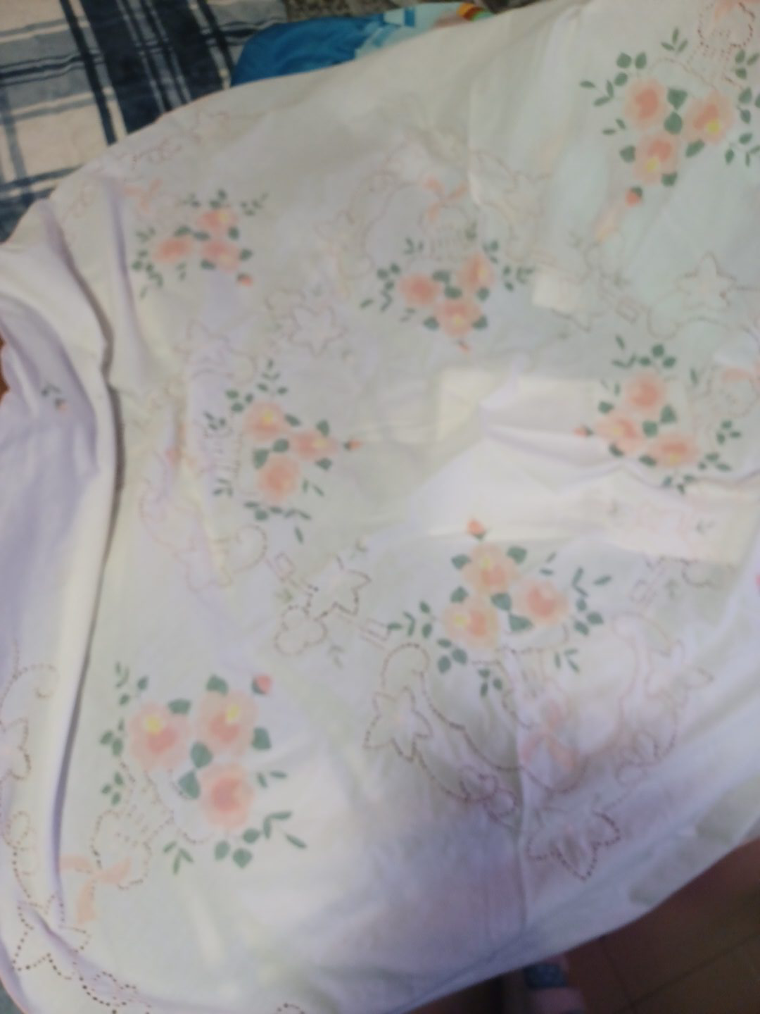 Floral Embroidered White Fabric round table cloth thumbnail