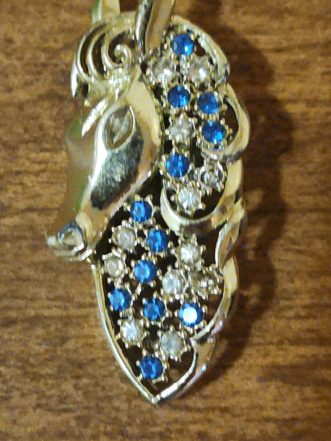 Vintage Horse Head Pendant - Gold Tone & Blue/Clear Rhinestones thumbnail