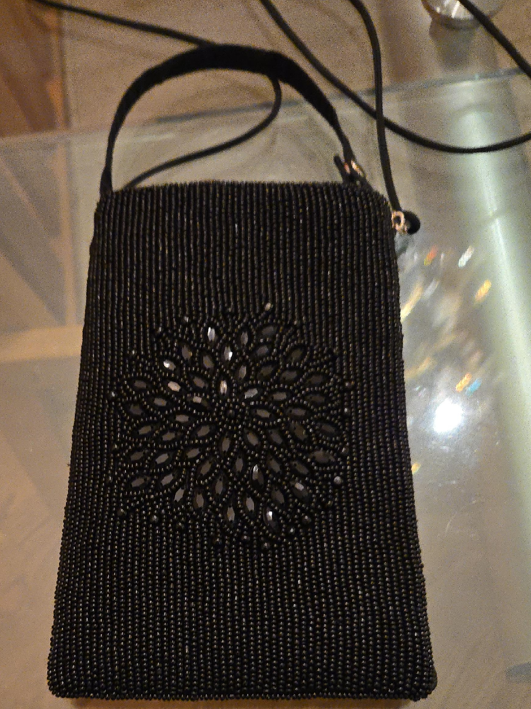 Black Beaded Evening Bag with Floral Design