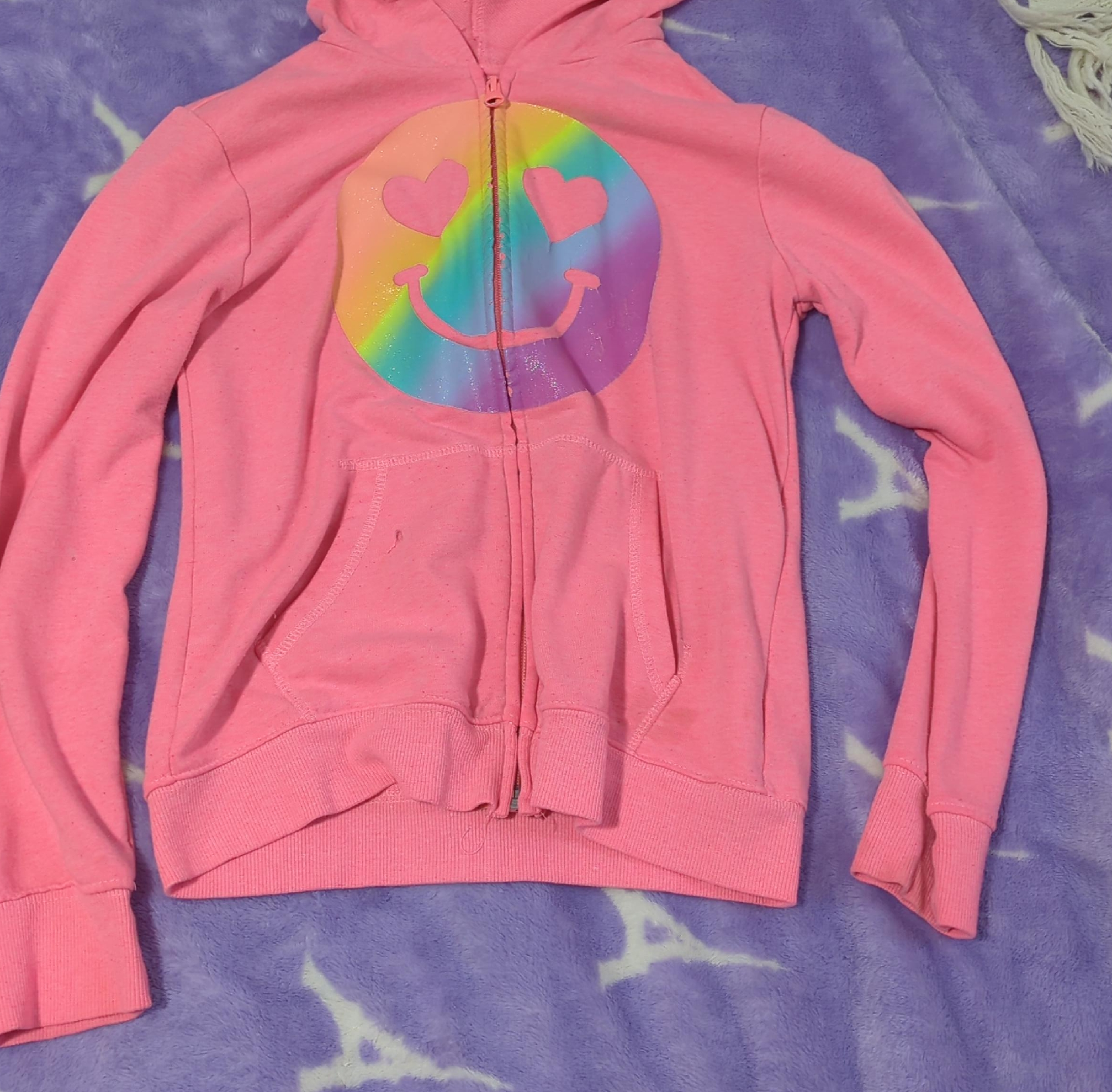 Pink Zip-Up Hoodie with Smiley Face - L/G (10-12) thumbnail
