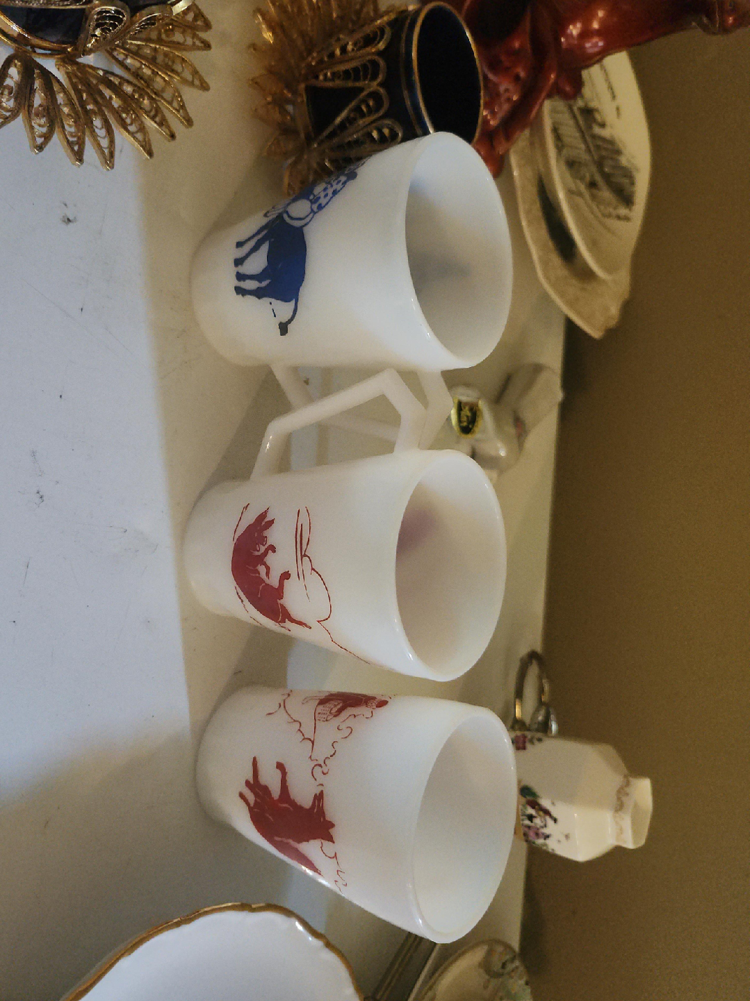 Vintage Milk Glass Mugs with Animal Designs thumbnail