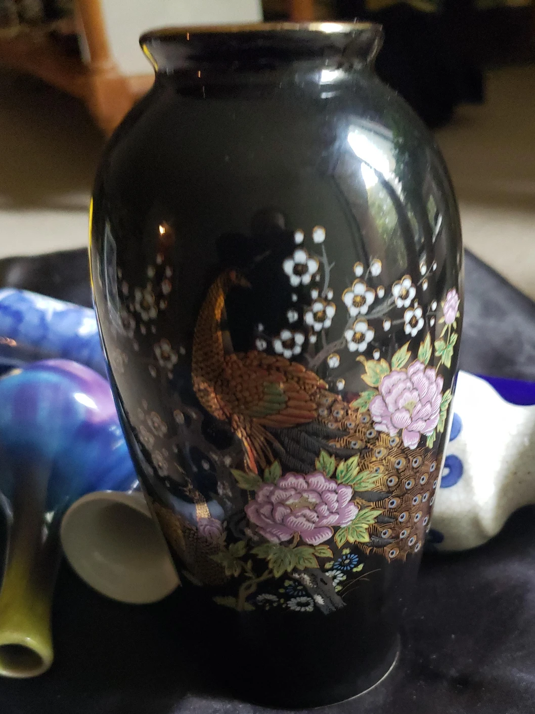 Black Vase with Peacock Design