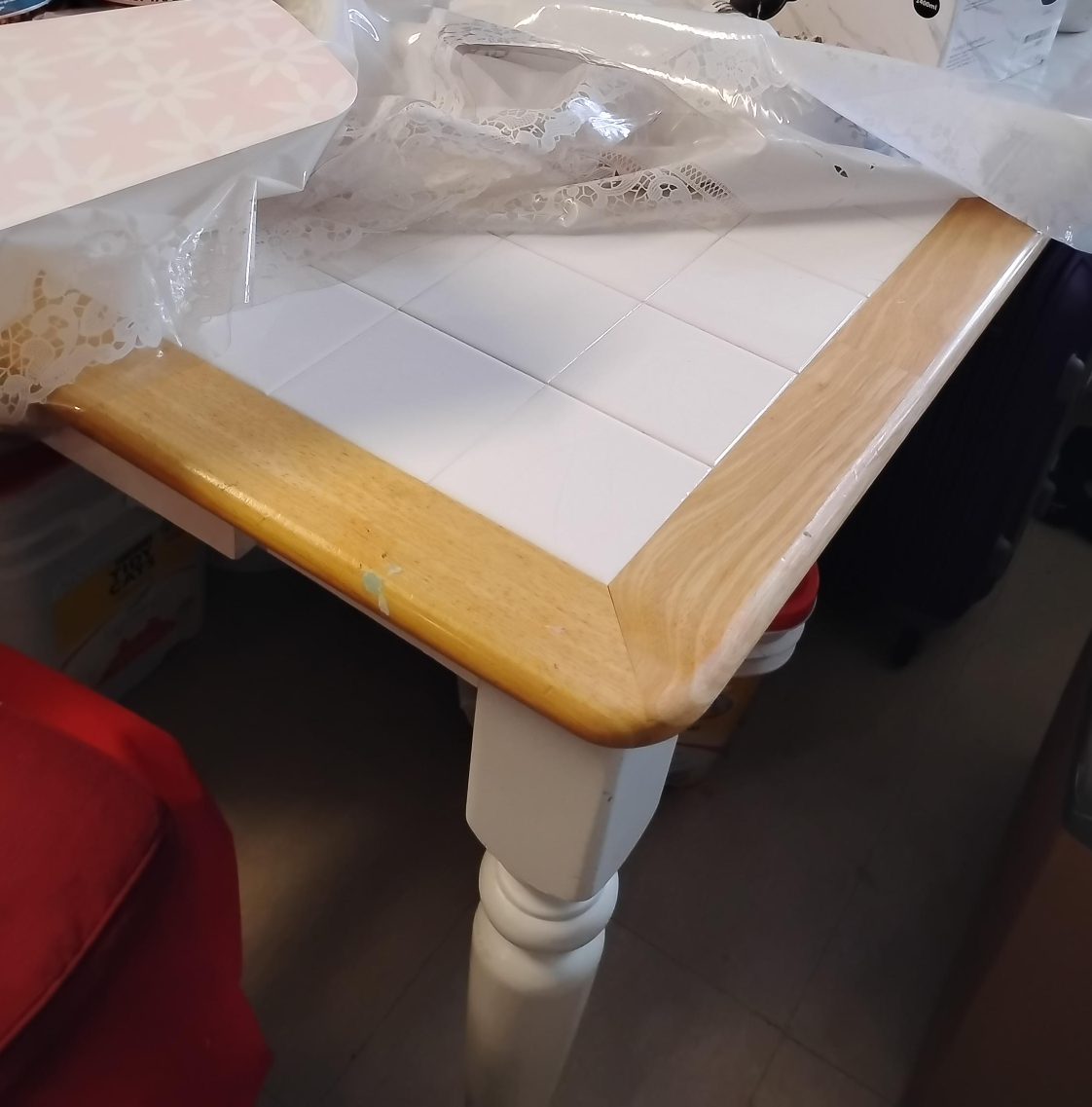 White Tile Top Table with Wood Trim image indicator(1)