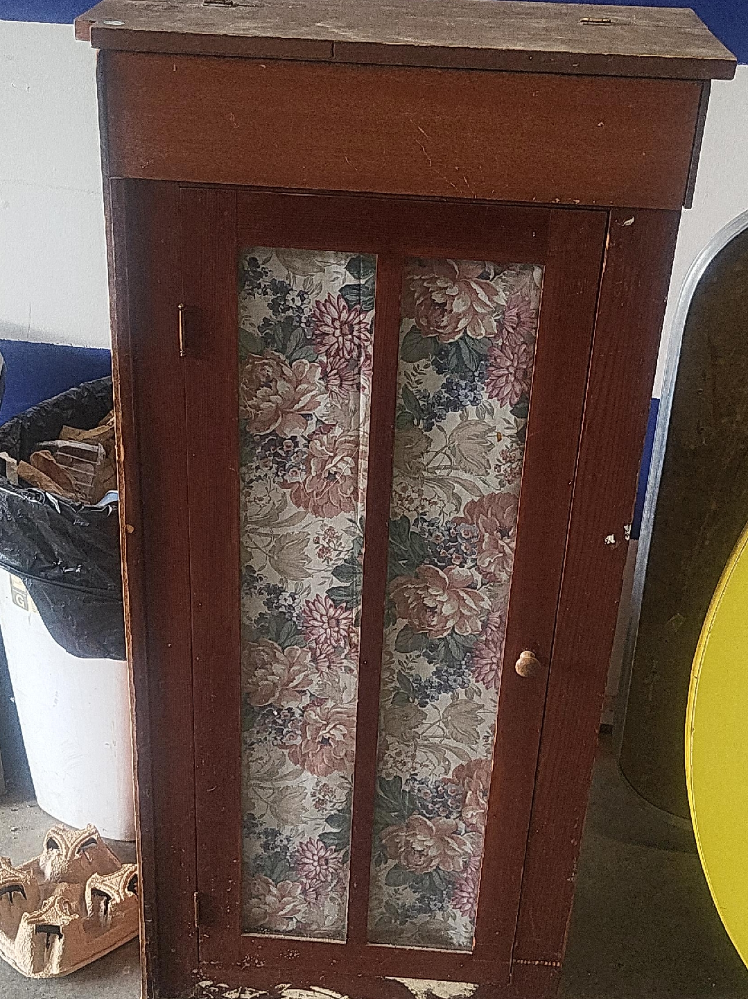 Vintage Wooden Cabinet with Floral Fabric Door