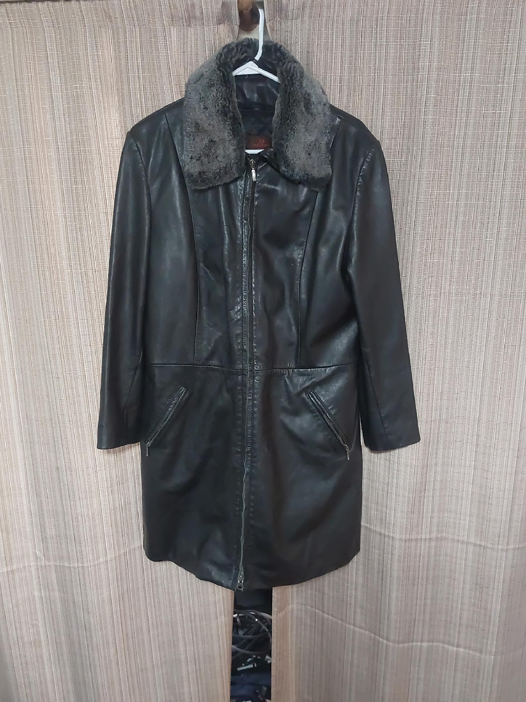 Black Leather Coat with Fur Collar thumbnail