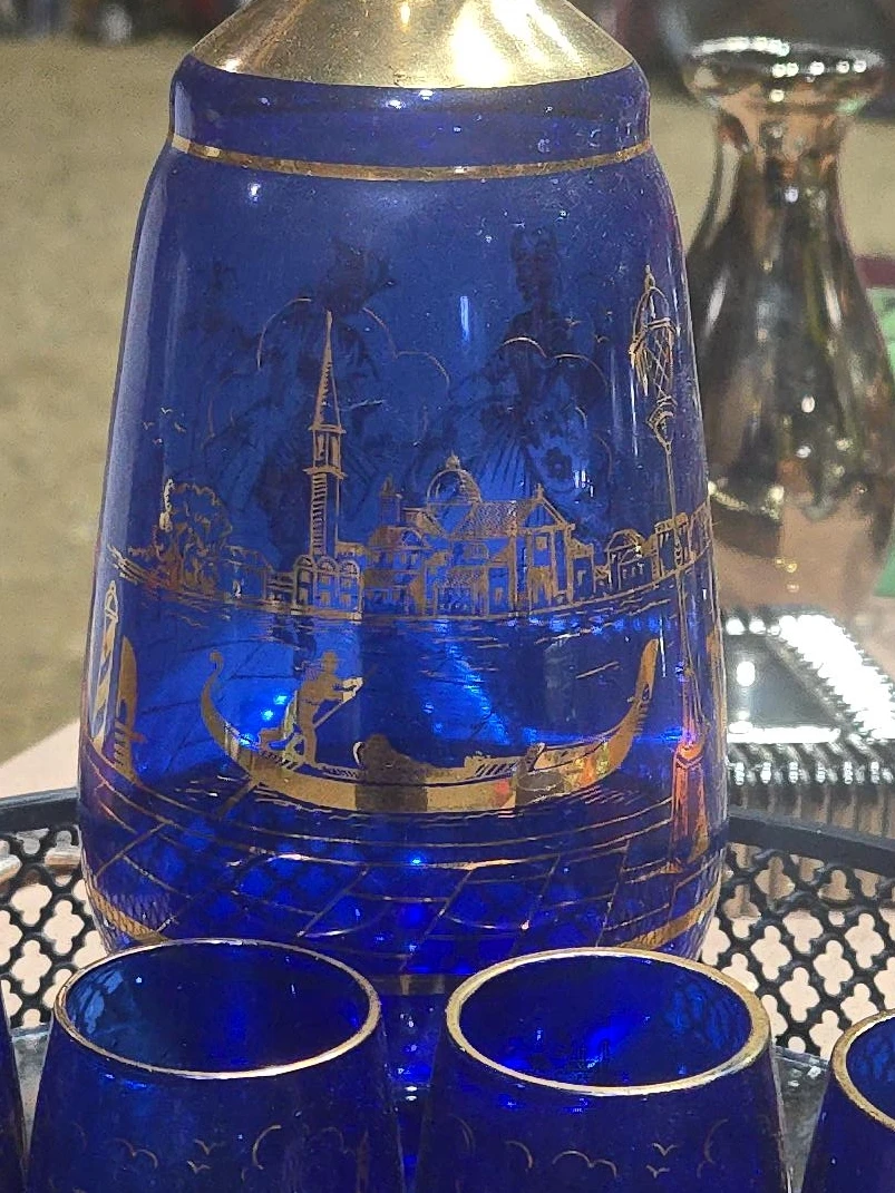 Vintage Blue Glass Decanter Set
