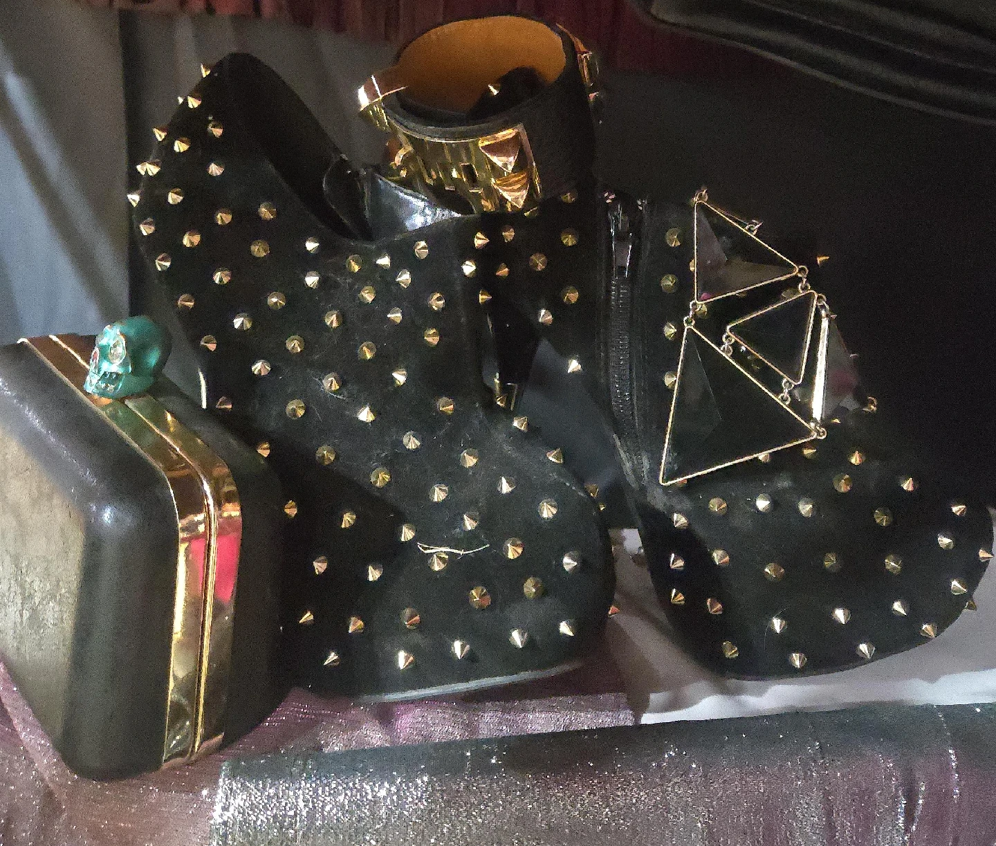 gold Studded Black Ankle Booties & Clutch