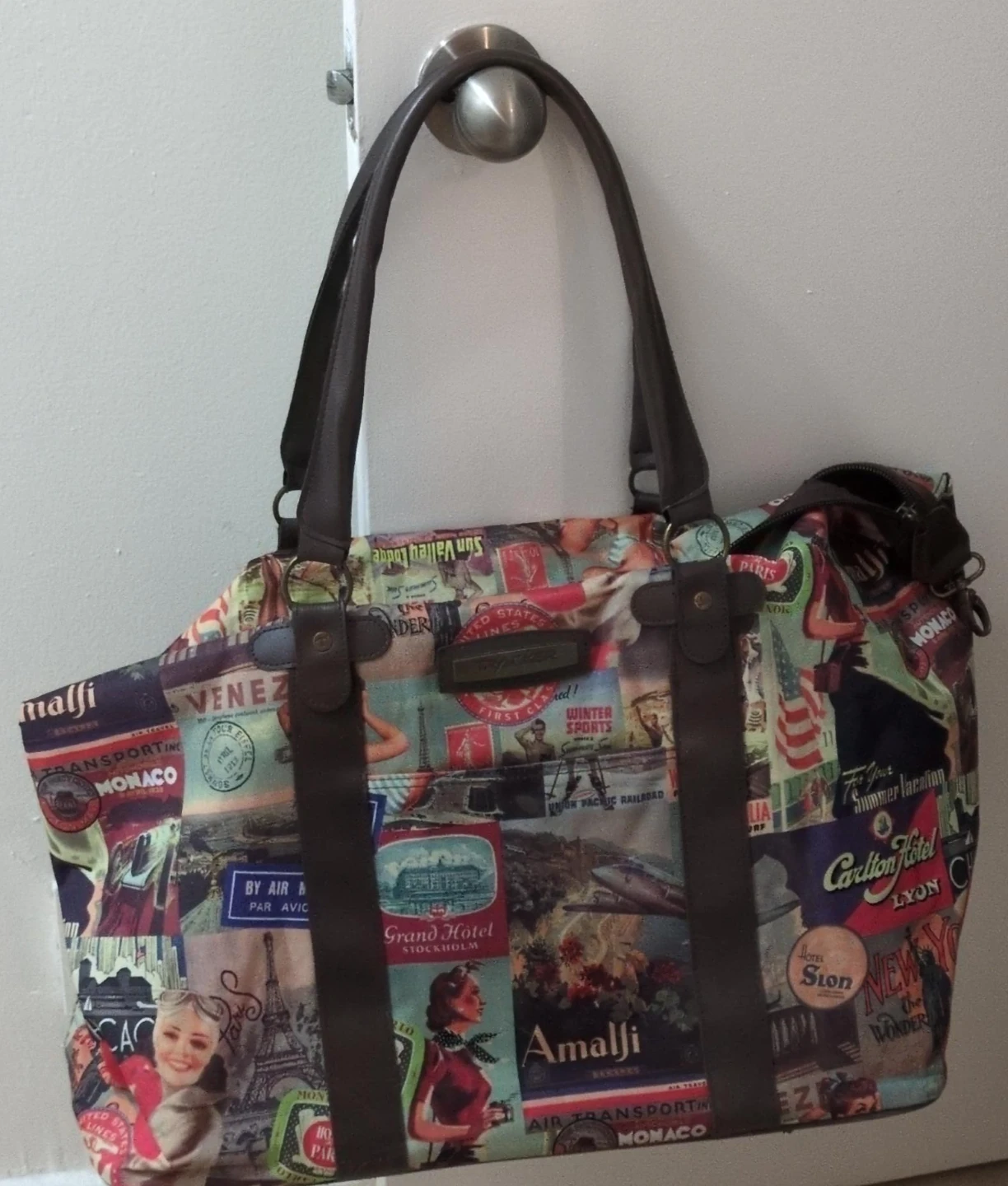 XL Tote Bag with Vintage Travel Print