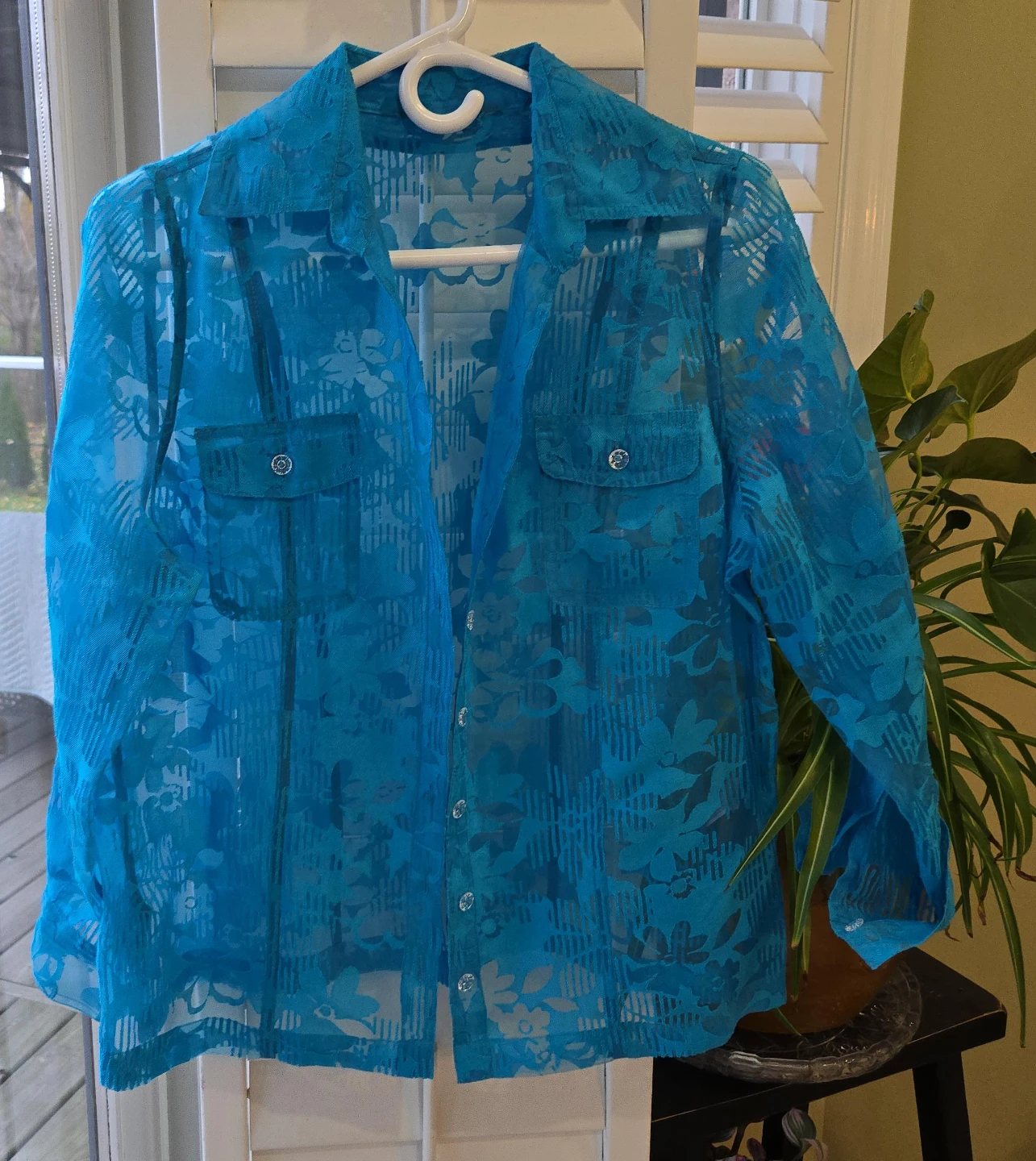 Blue Floral Lace Button-Up Shirt