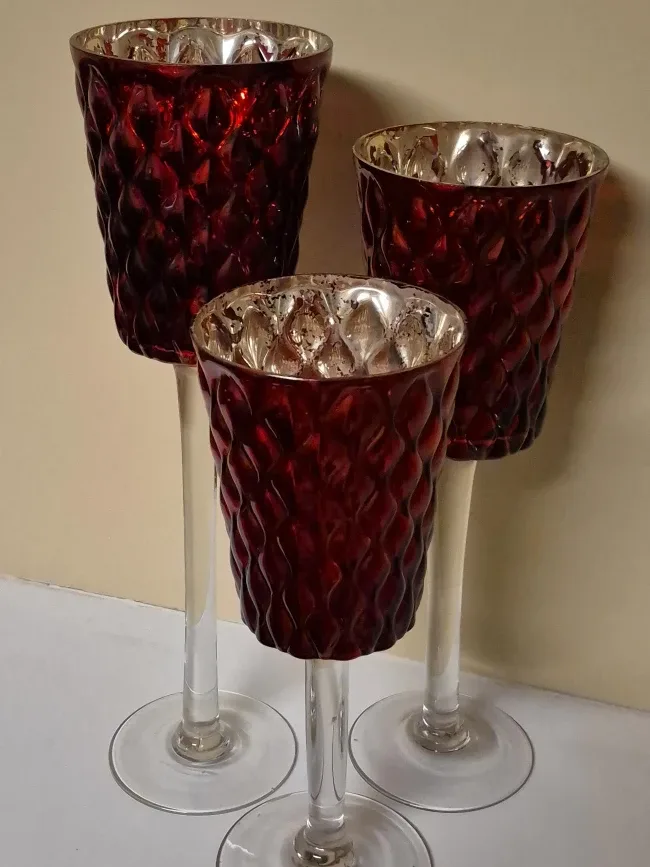 Set of 3 Red Glass Stemmed Votive Holders