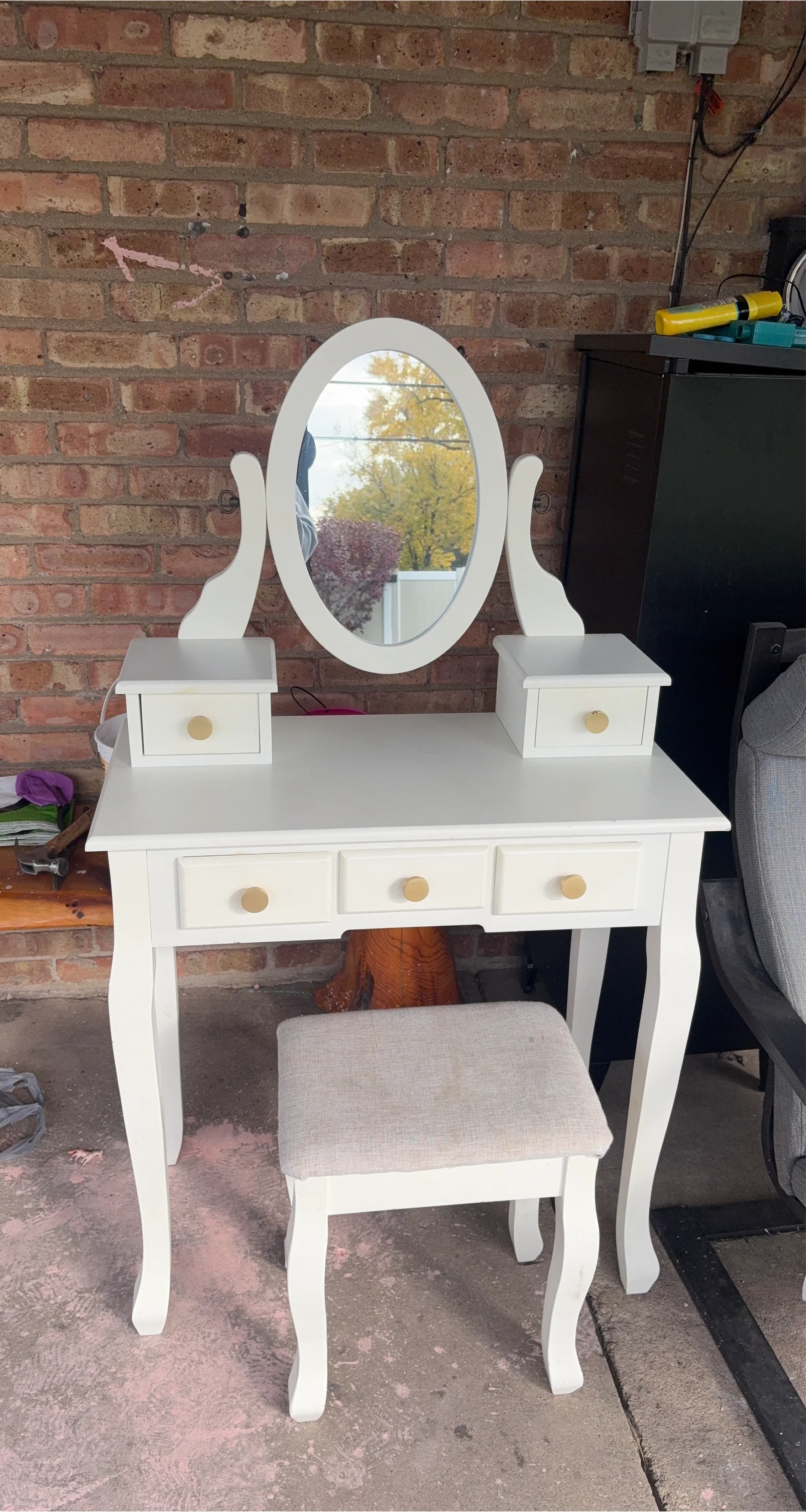White Vanity Table with Mirror & Stool