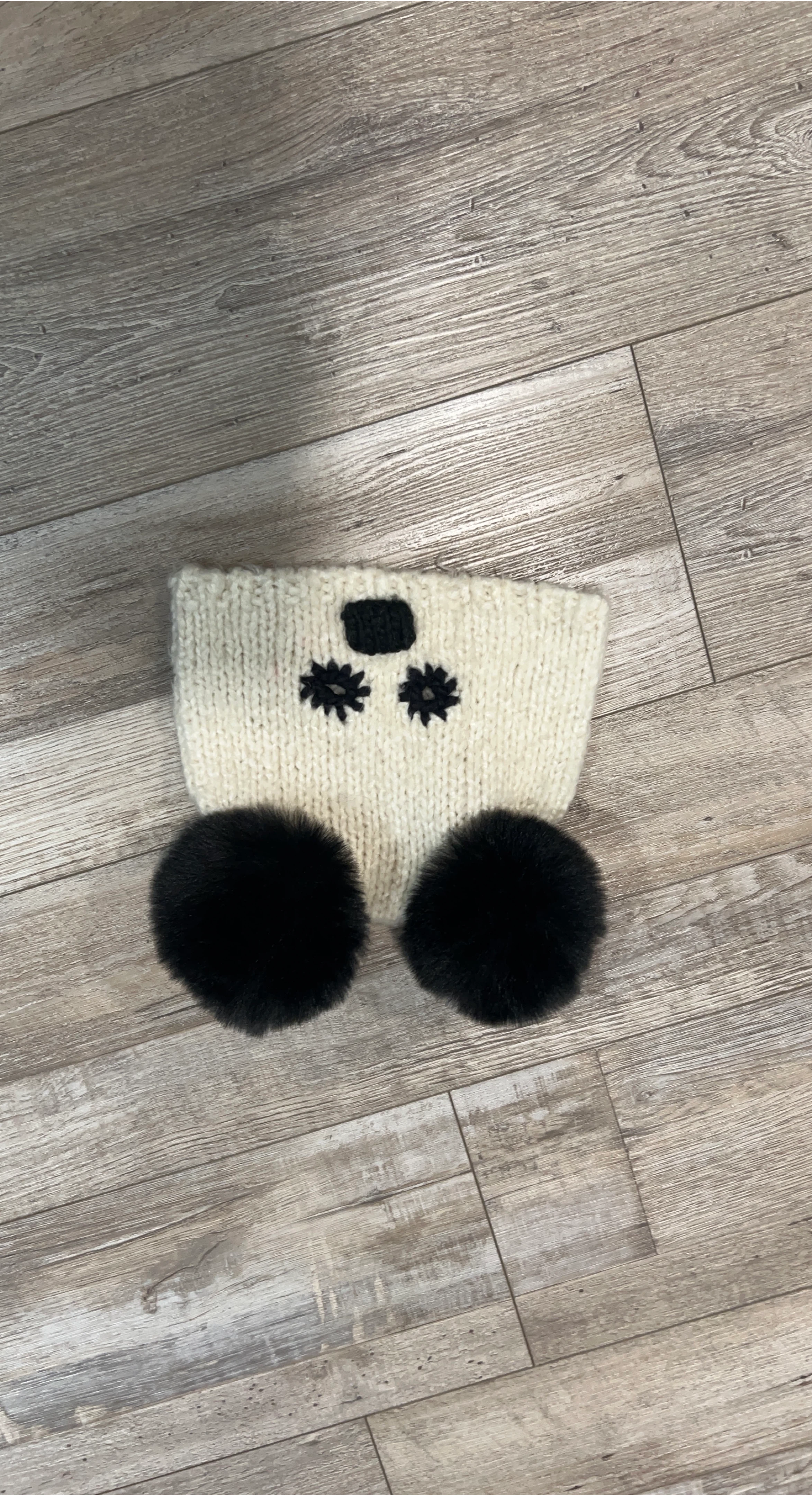 Hand-knitted Panda Hat with Pom Poms