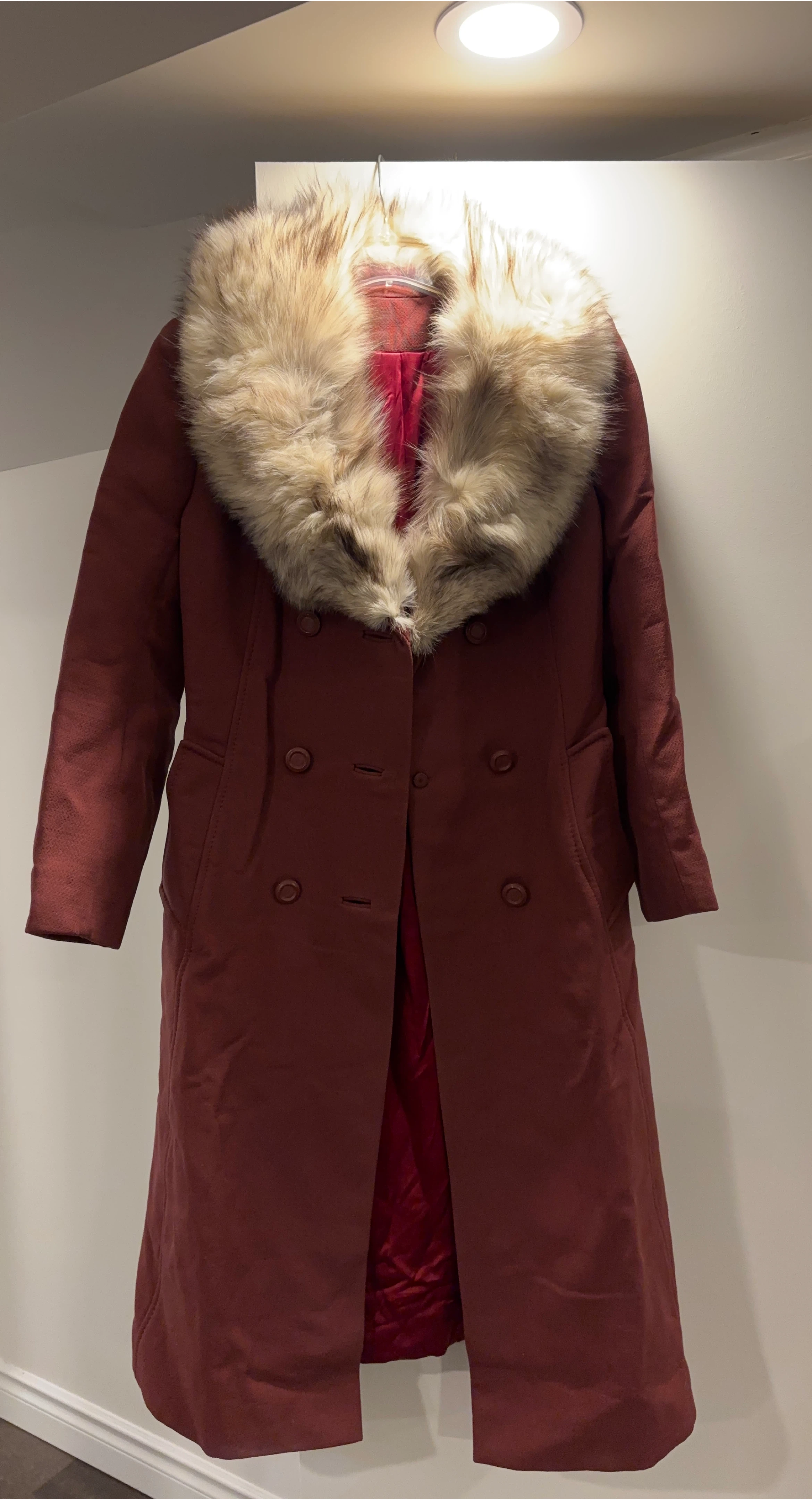 Burgundy Coat with Faux Fur Collar