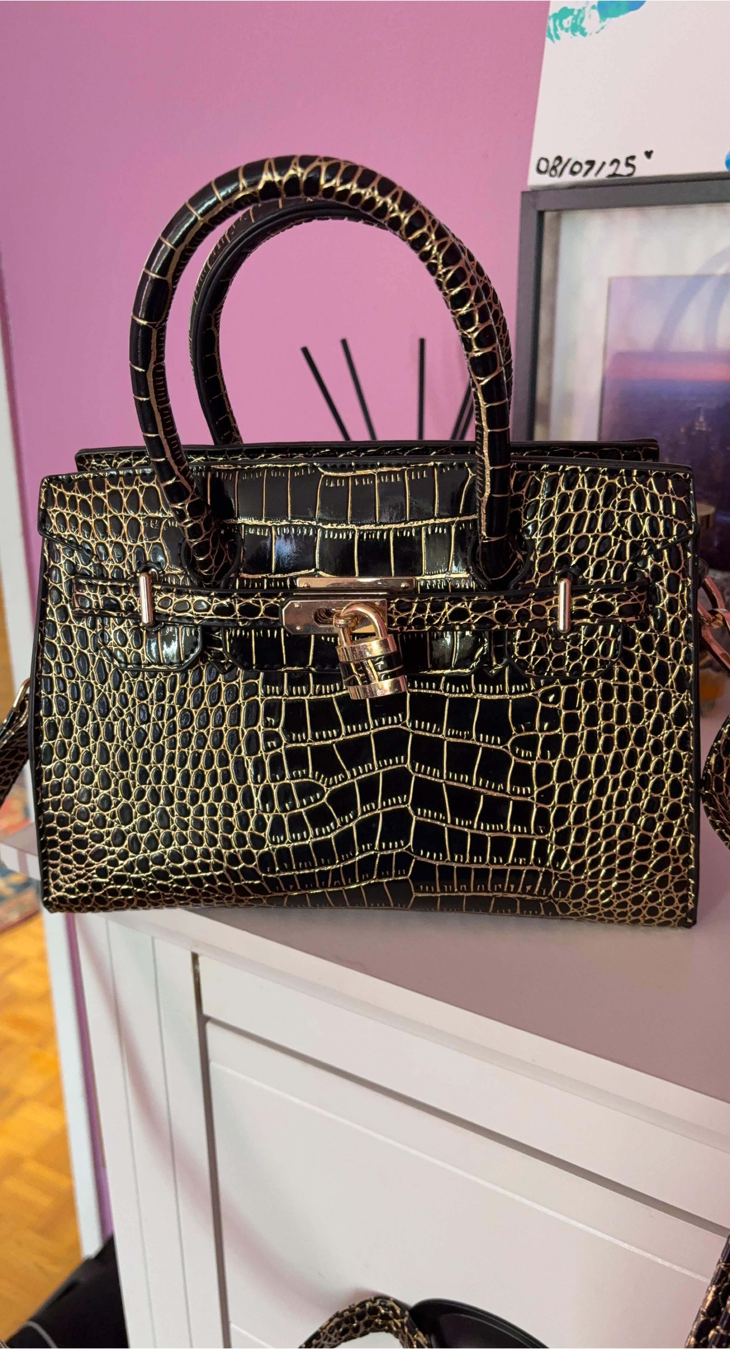 Black & Gold Croc Embossed Handbag
