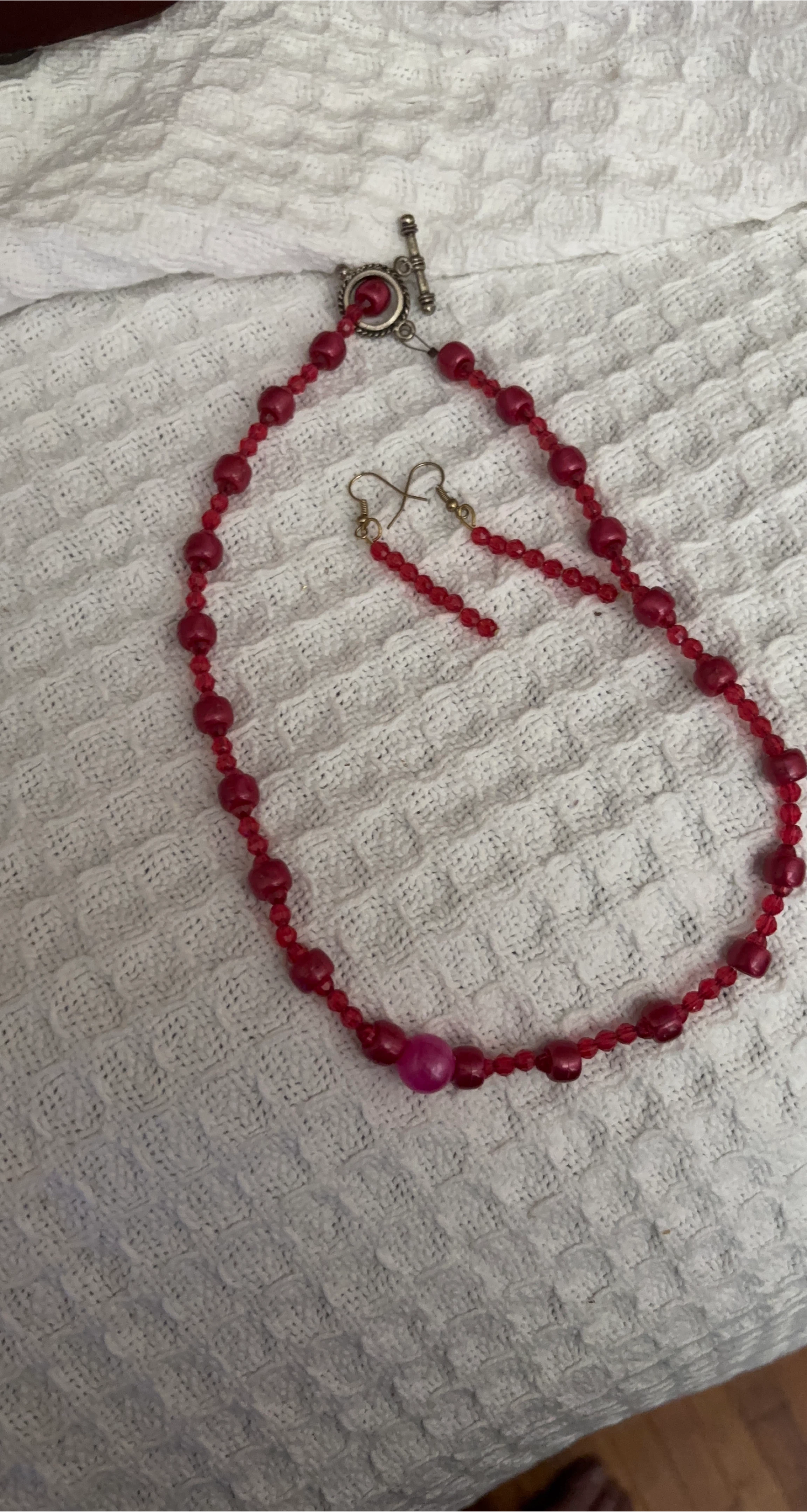 Red Beaded Necklace and Earring Set thumbnail