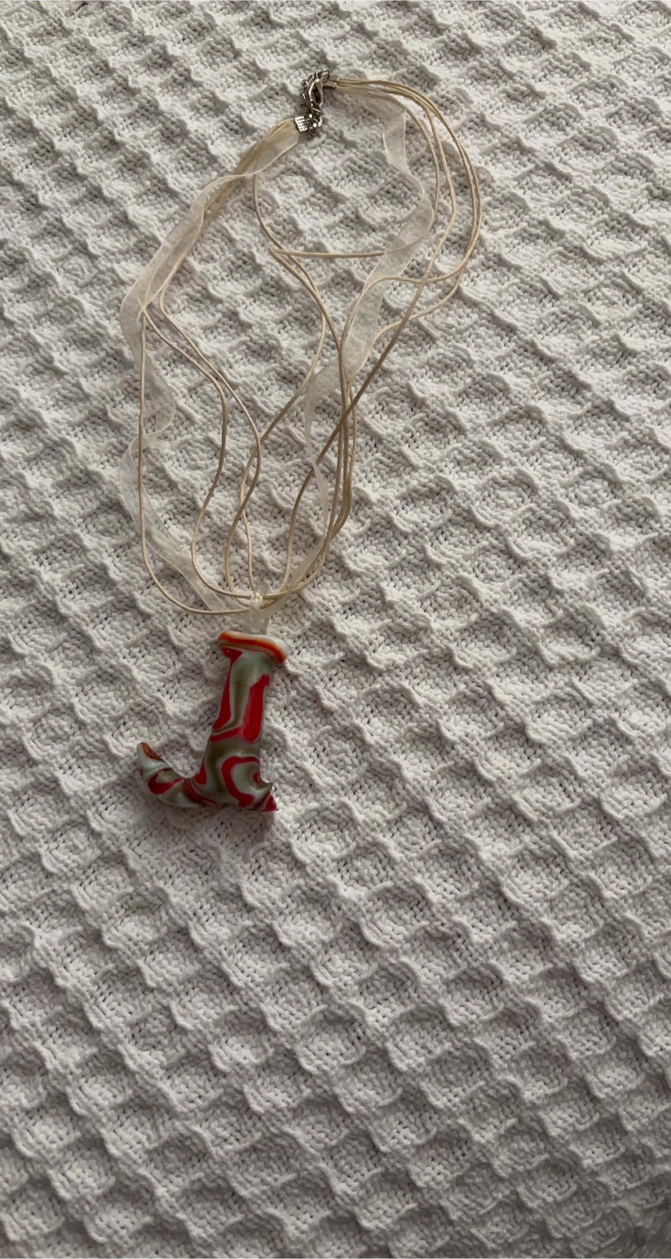 Handmade Red & White Swirl Boot Pendant Necklace