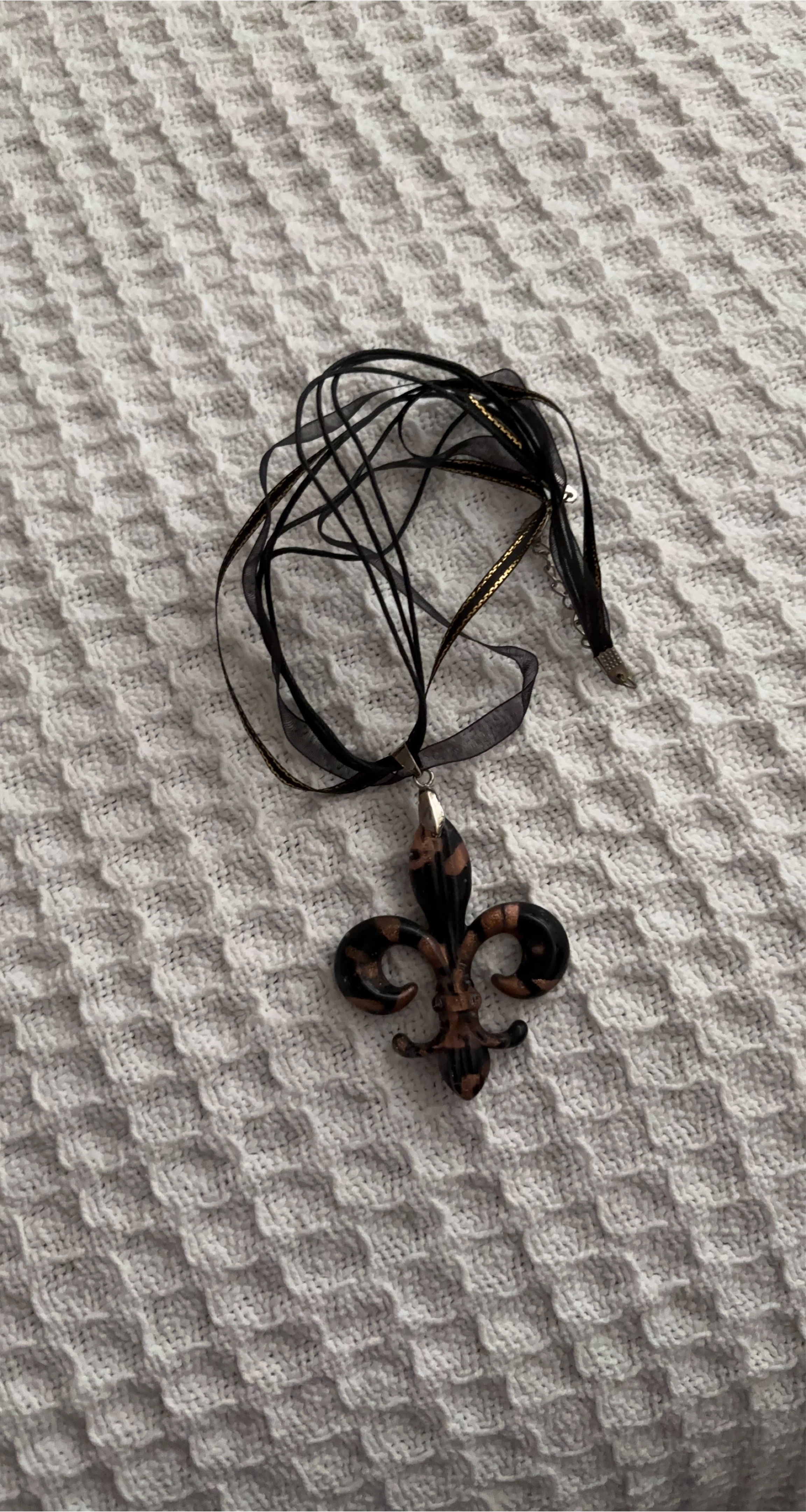 Fleur de Lis Black Ribbon Necklace thumbnail
