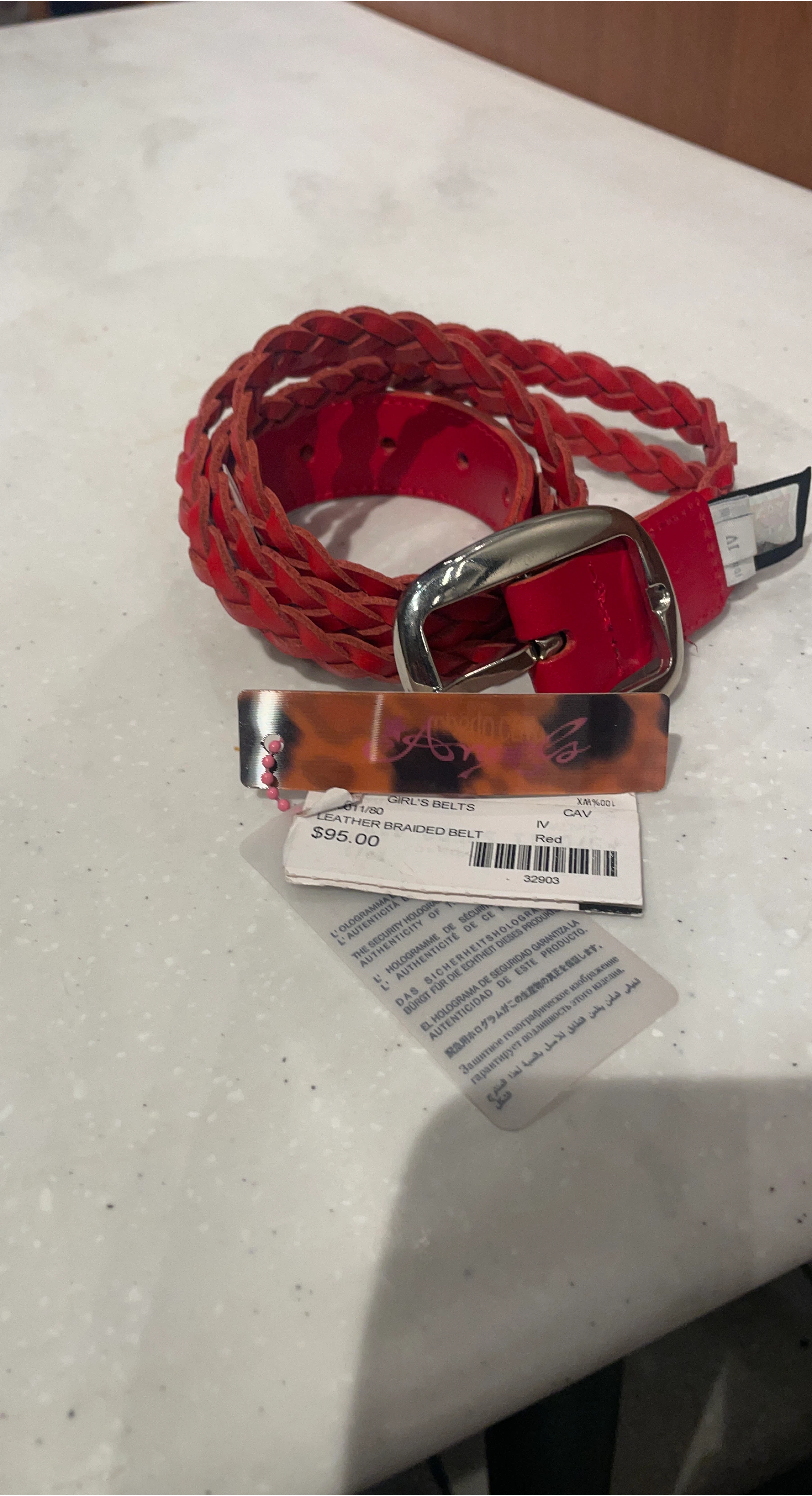 Angels Leather Braided Belt - Red, Size IV