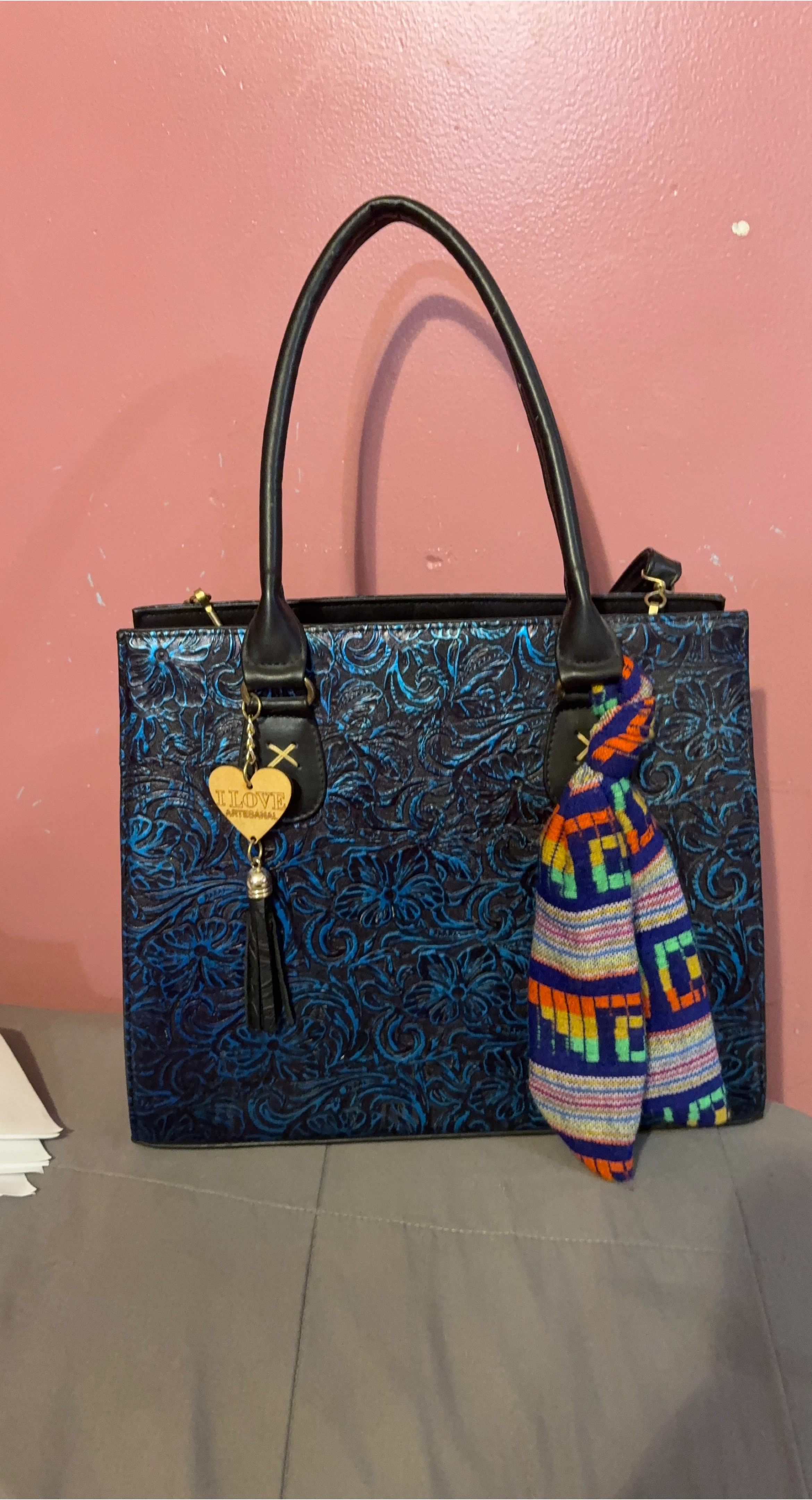 Blue Embossed Tote Bag with Charm thumbnail