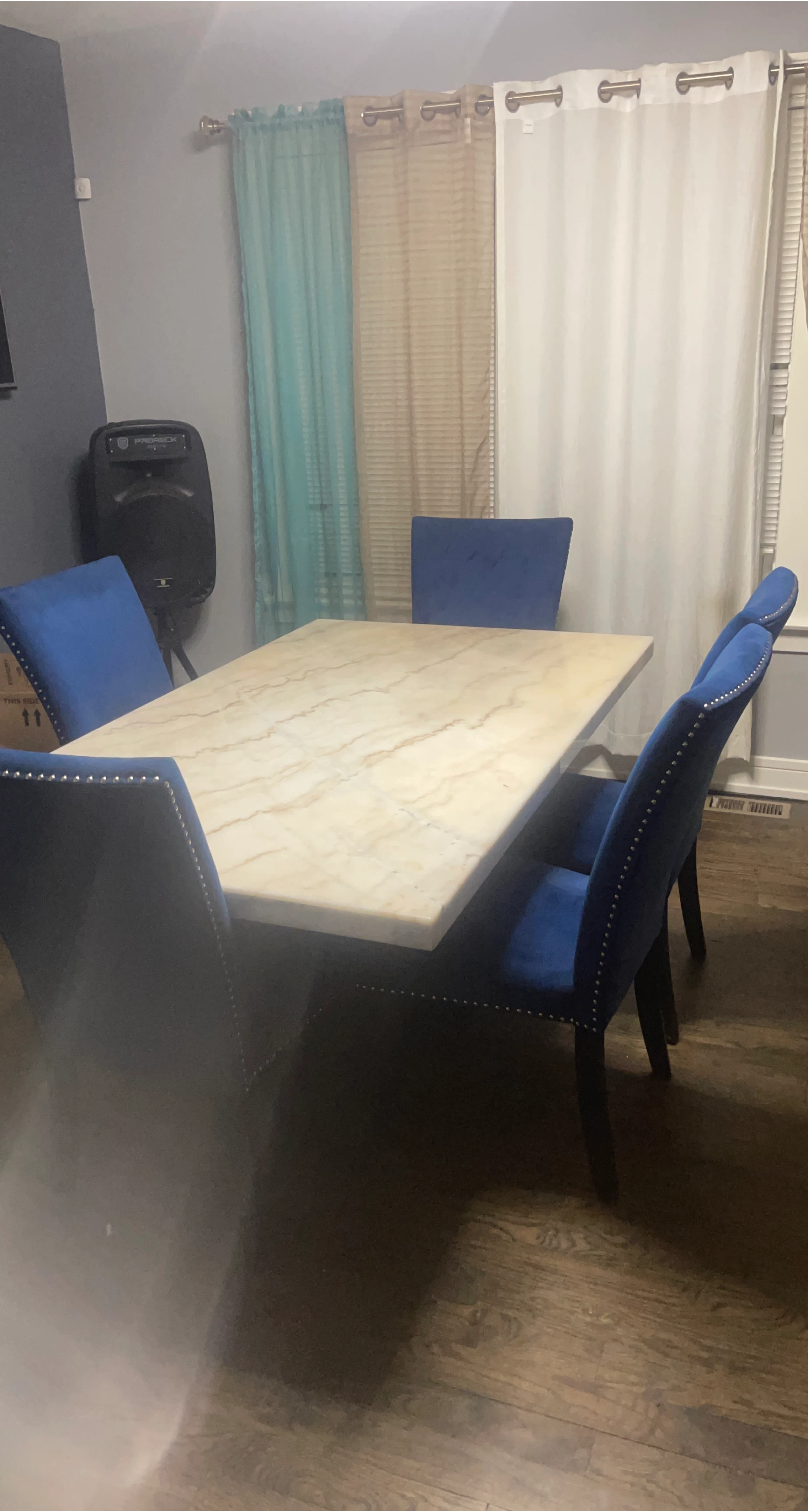 Dining Table with 6 Blue Velvet Chairs