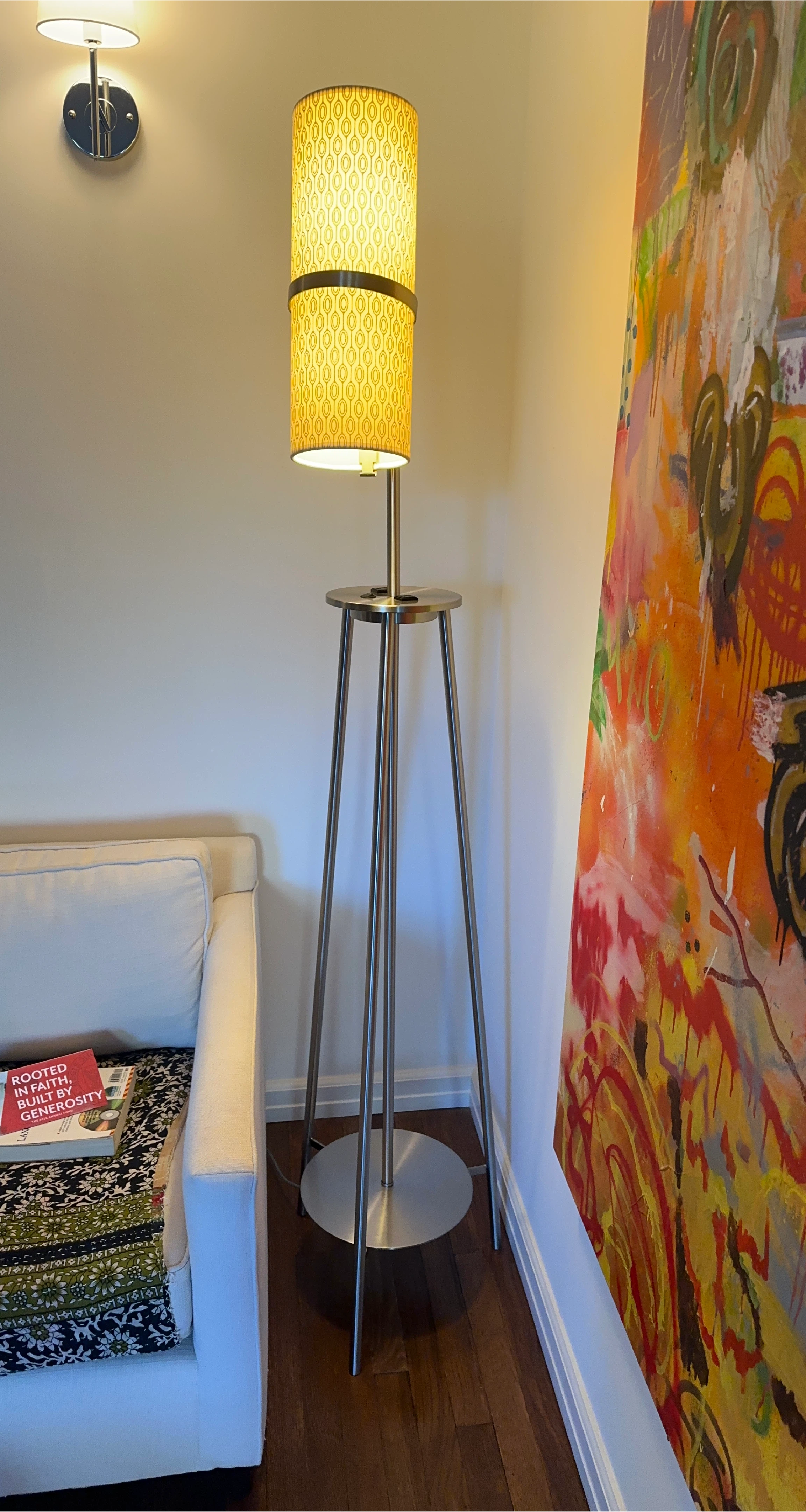 Tripod Floor Lamp with Yellow Patterned Shade