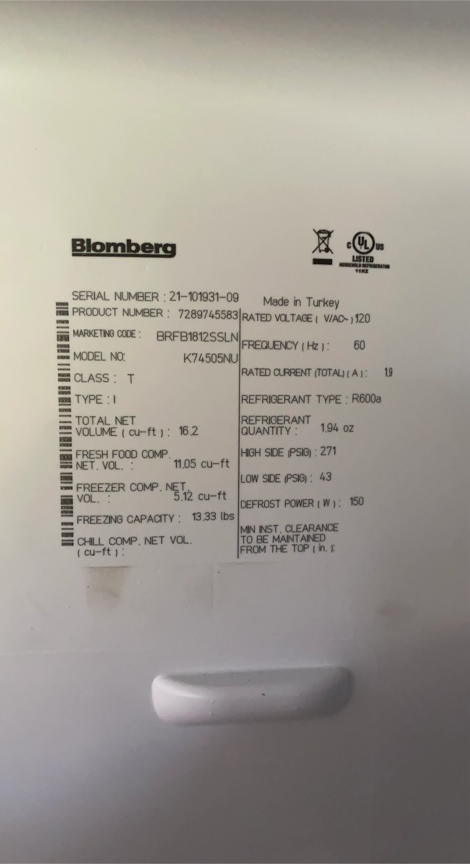 Blomberg K74505NU Refrigerator