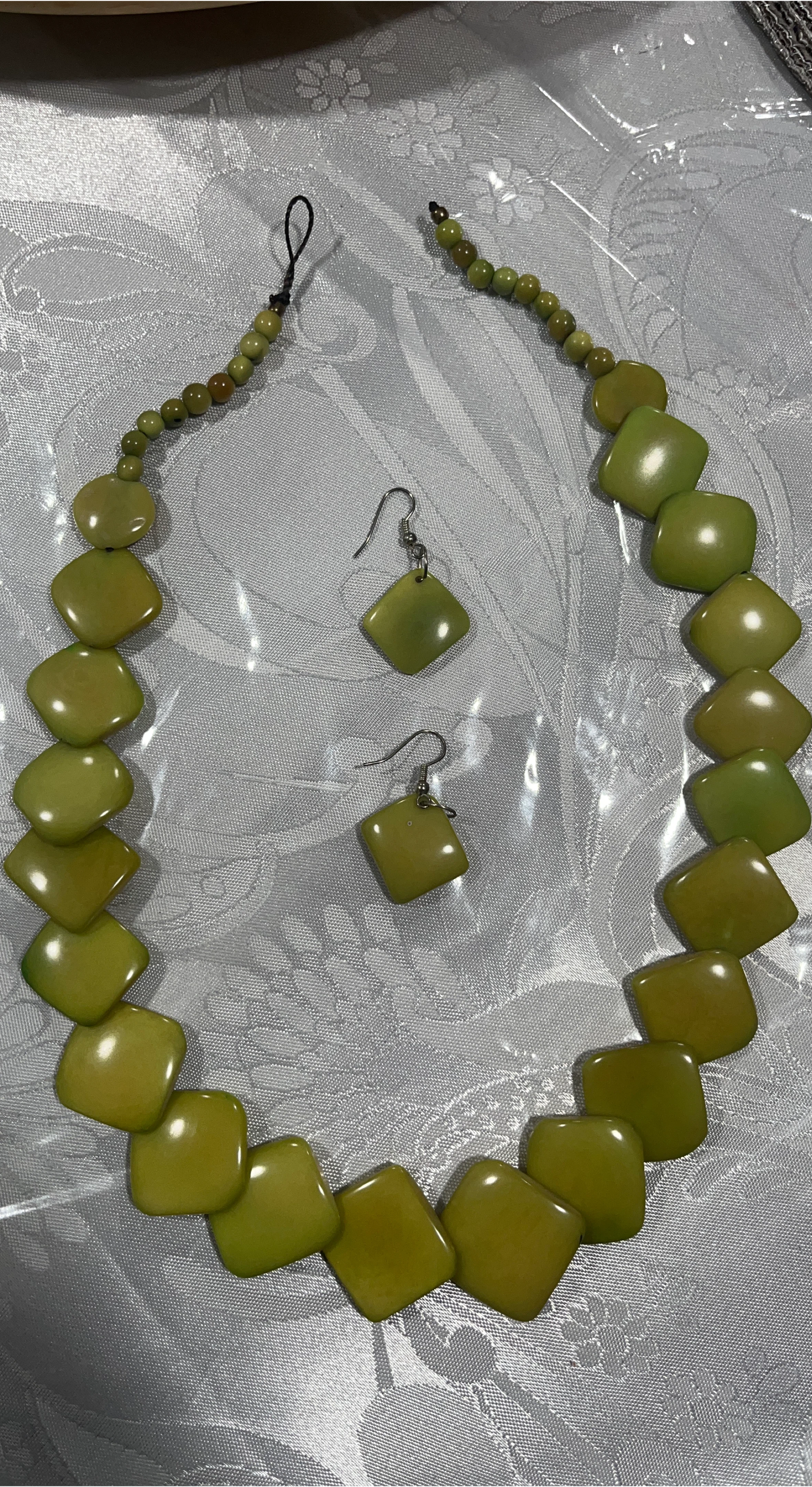 Green Beaded Necklace and Earrings Set