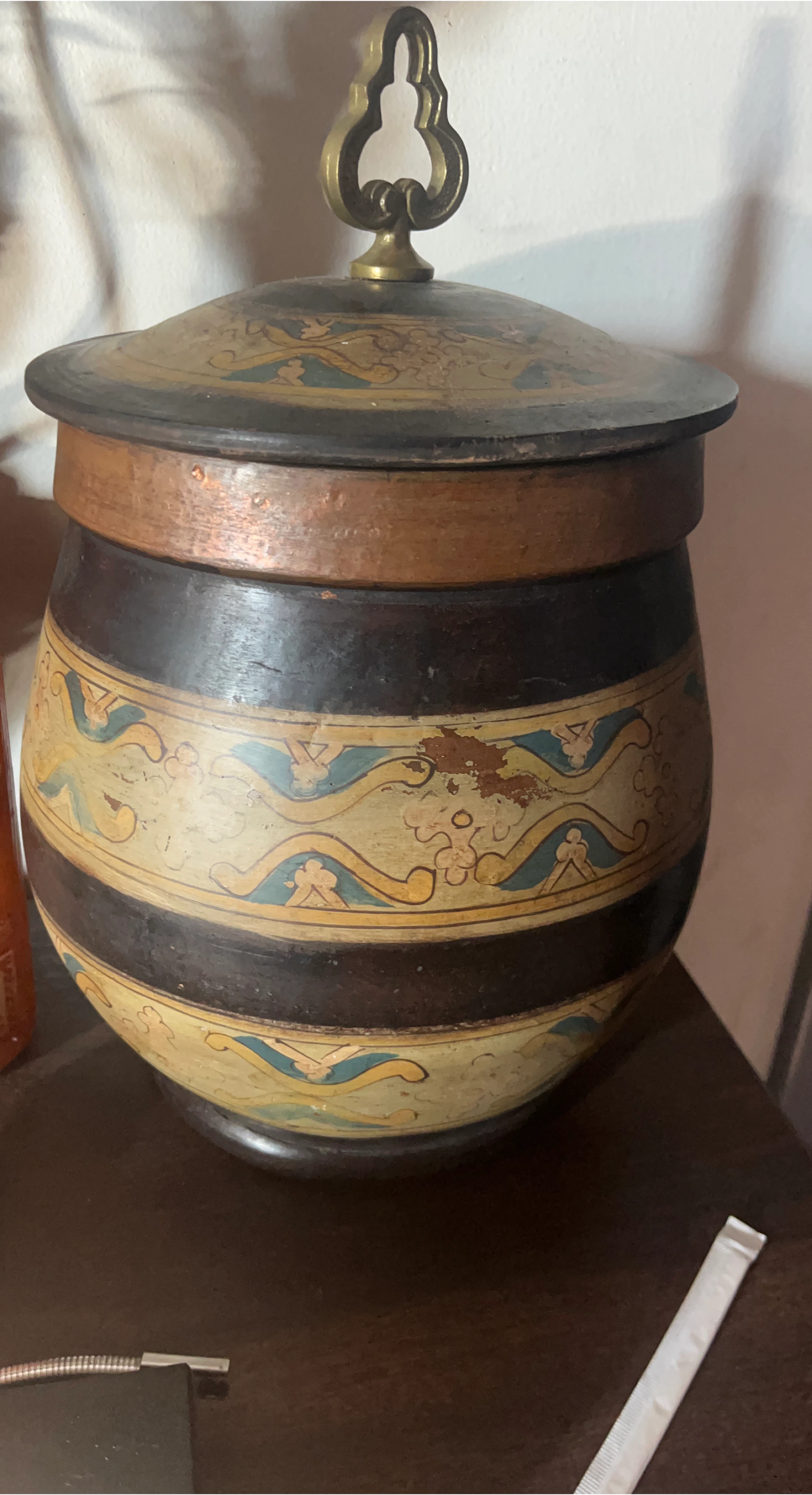 Vintage Hand-Painted Wooden Jar with Lid
