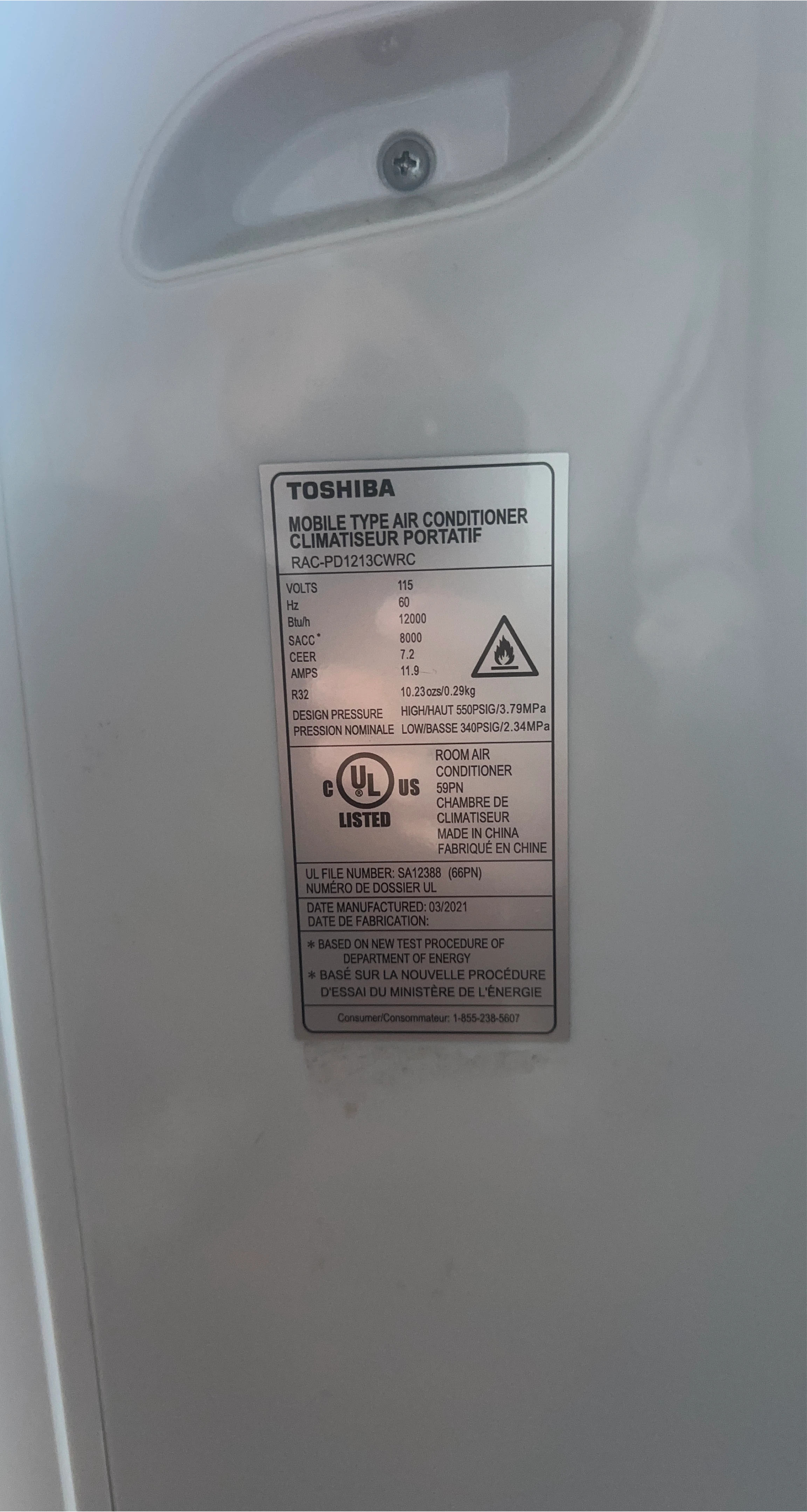 Toshiba Portable Air Conditioner RAC-PD1213CWRC thumbnail