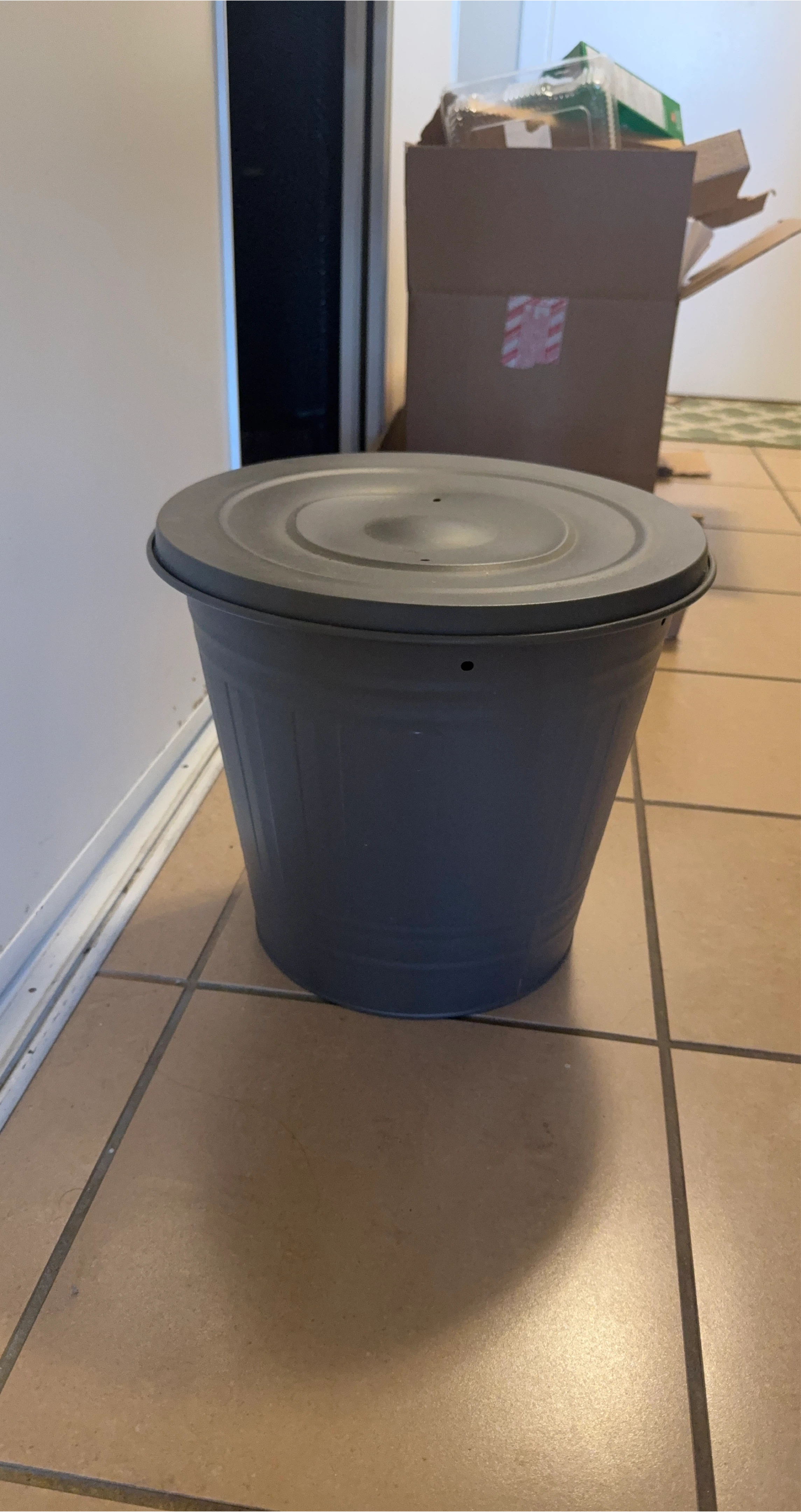 Grey Metal Trash Can with Lid