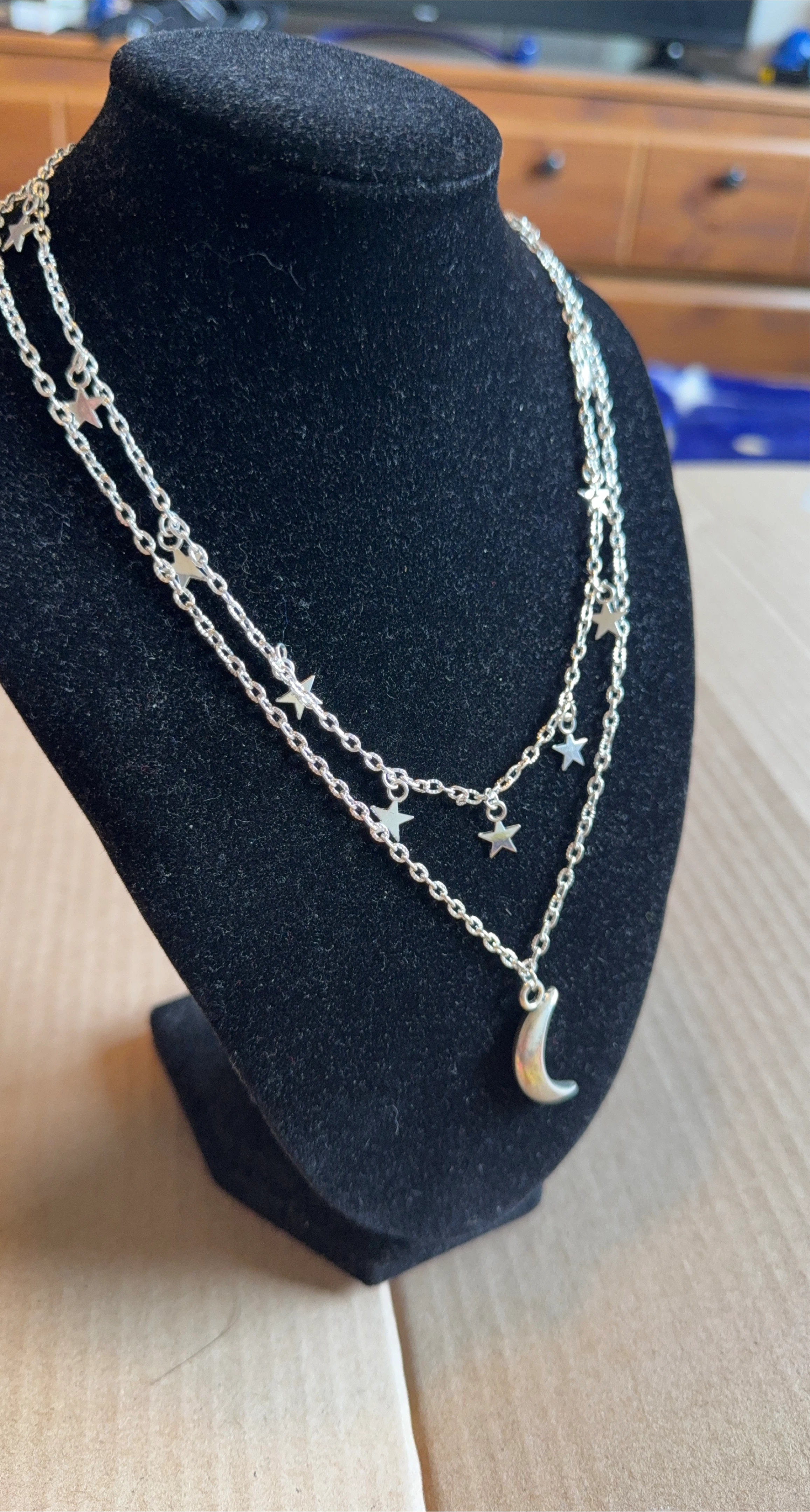 Silver Tone Layered Star & Moon Necklace
