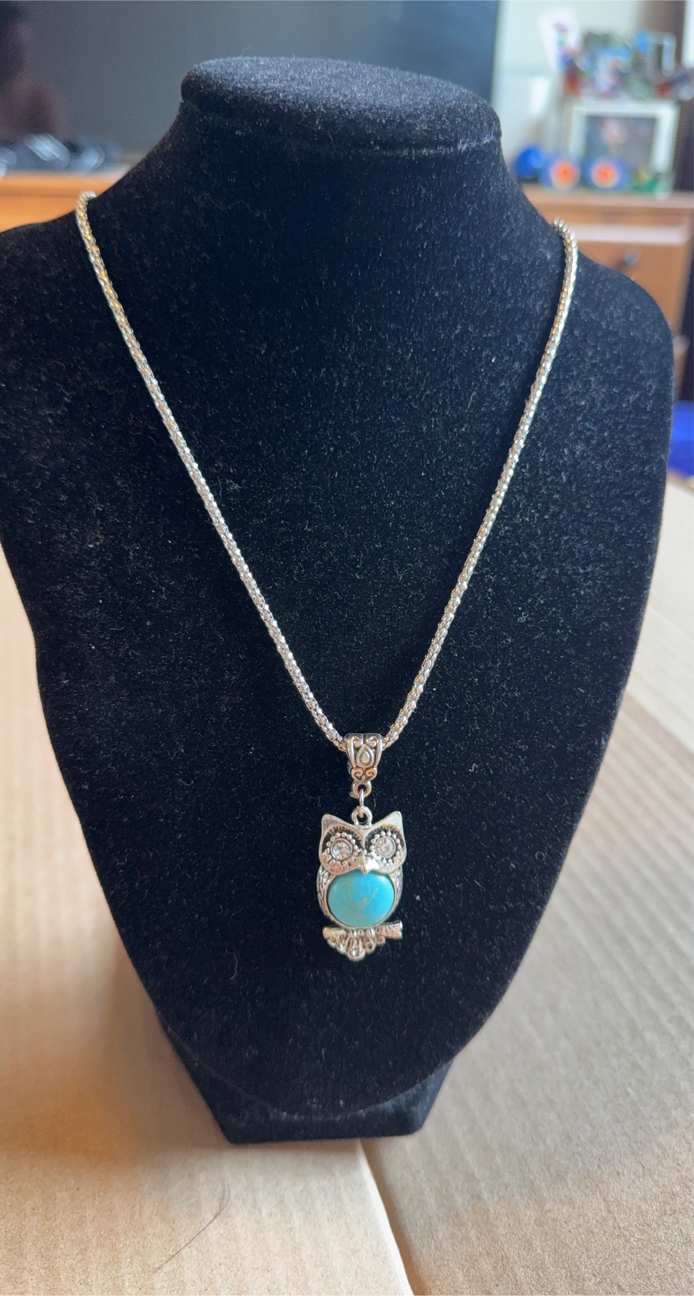 Owl Pendant Necklace - Silver Tone with Turquoise
