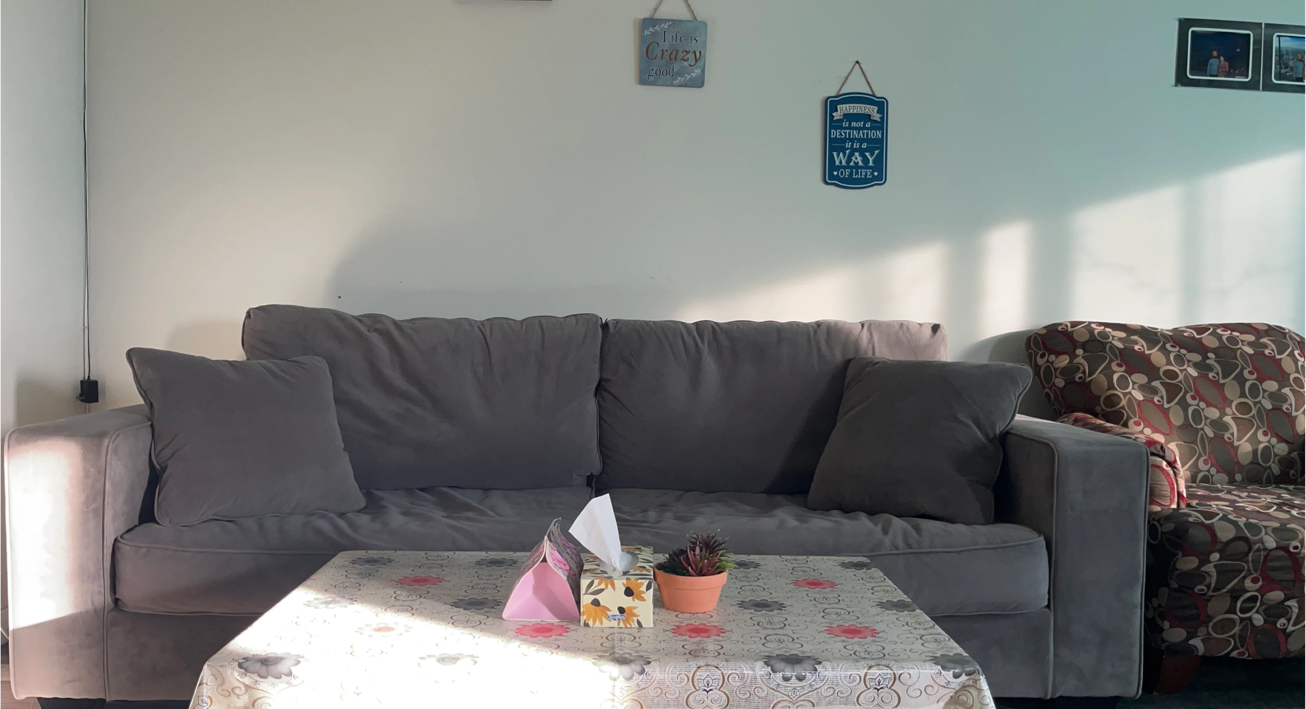 Grey Sofa and Patterned Armchair Set