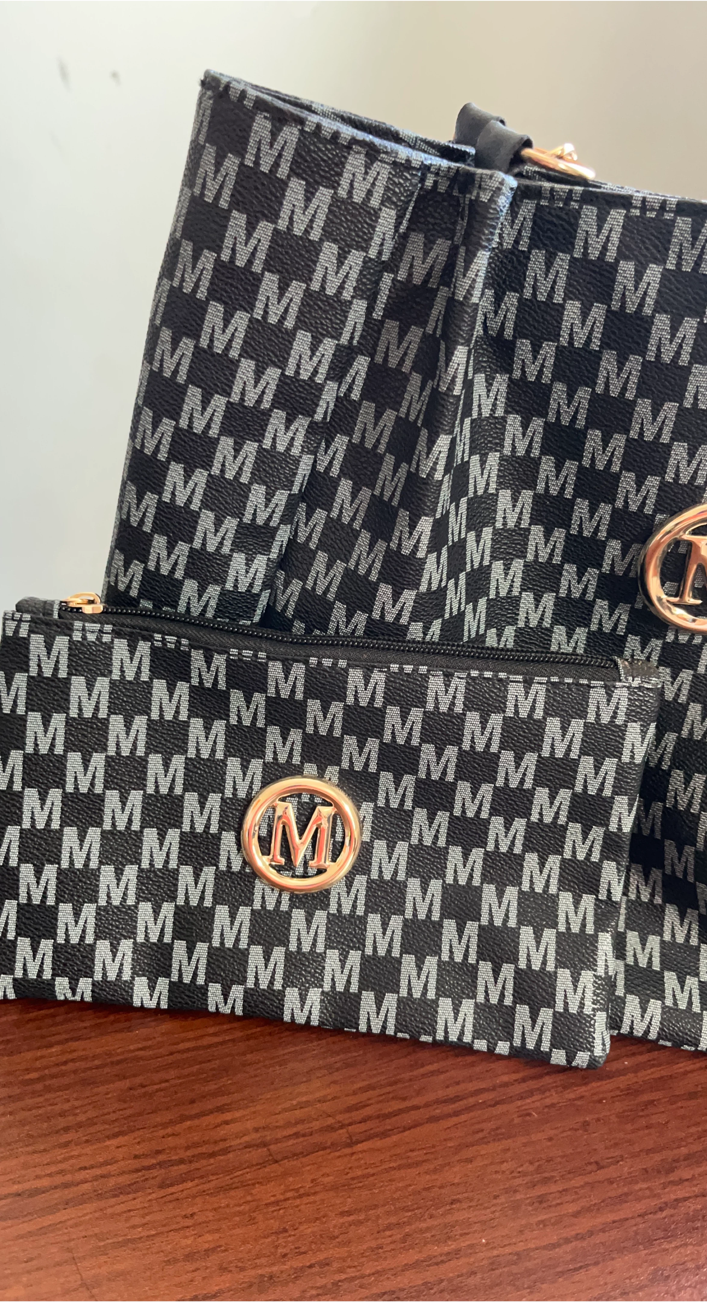 Black & Gray Tote Bag with Matching Wallet