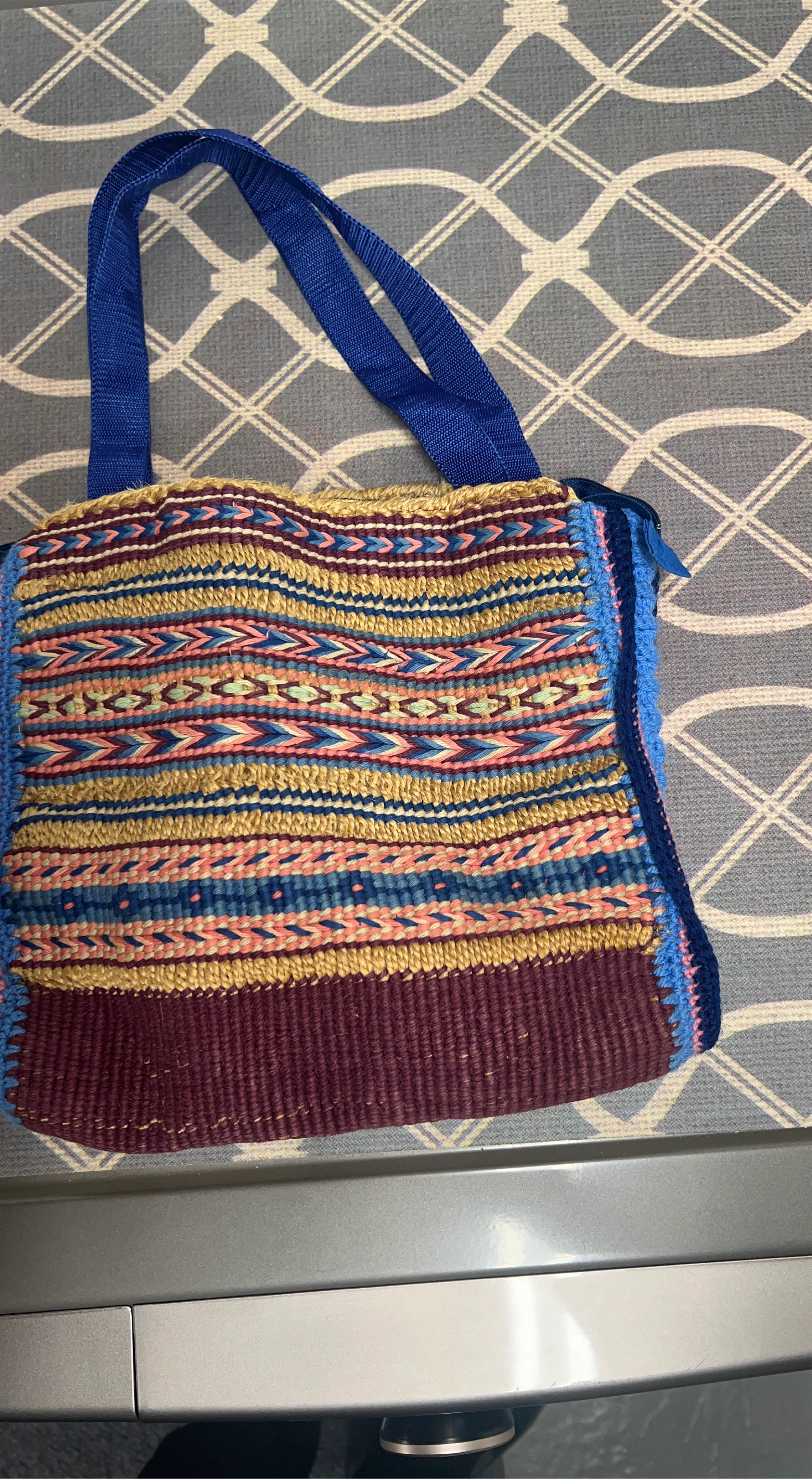 Handmade Woven Tote Bag - Blue & Multi-Colour thumbnail