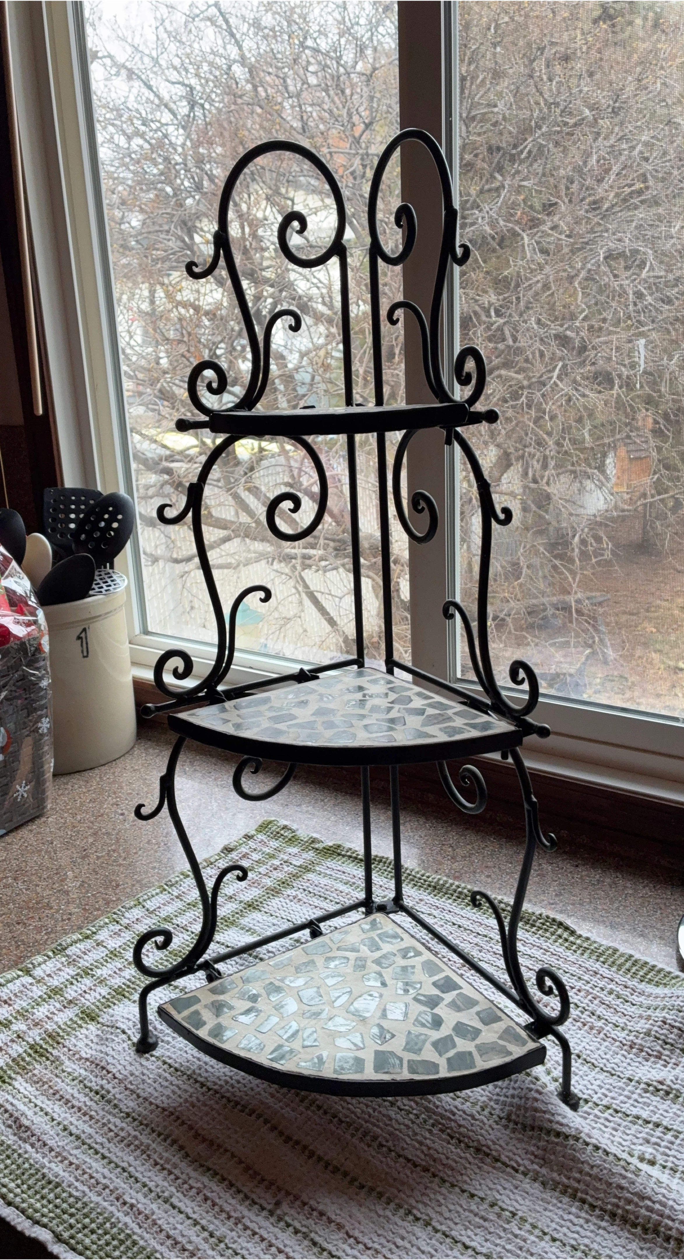 Black Metal Corner Shelf with Tile Inlay