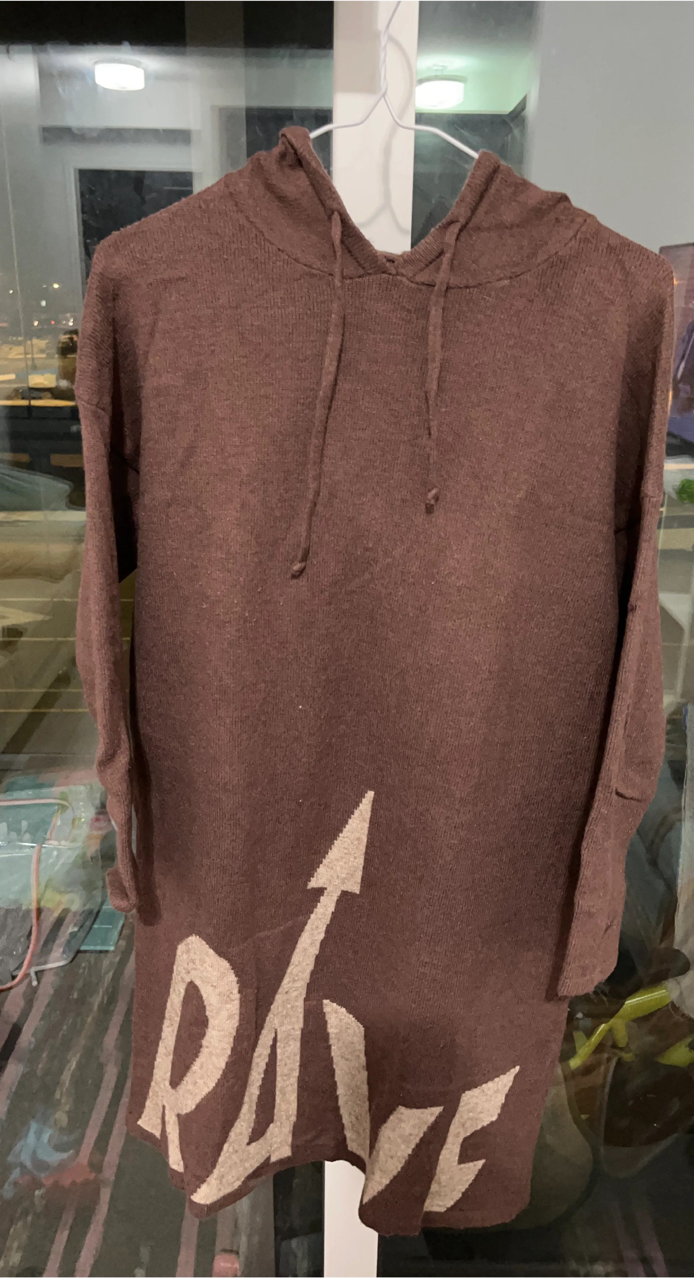 Brown Knit Hoodie Dress with Graphic