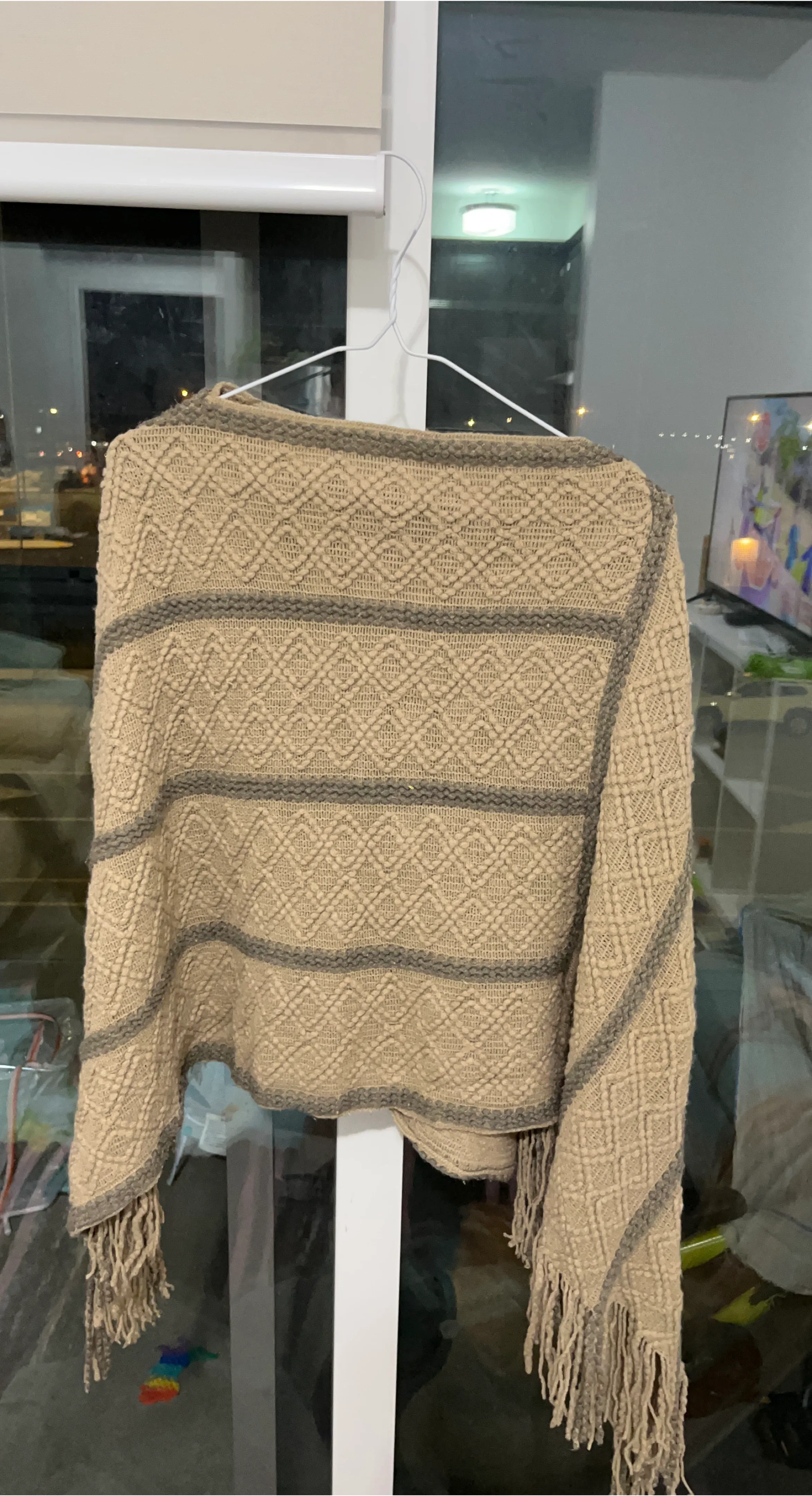 Beige Knit Poncho with Fringe