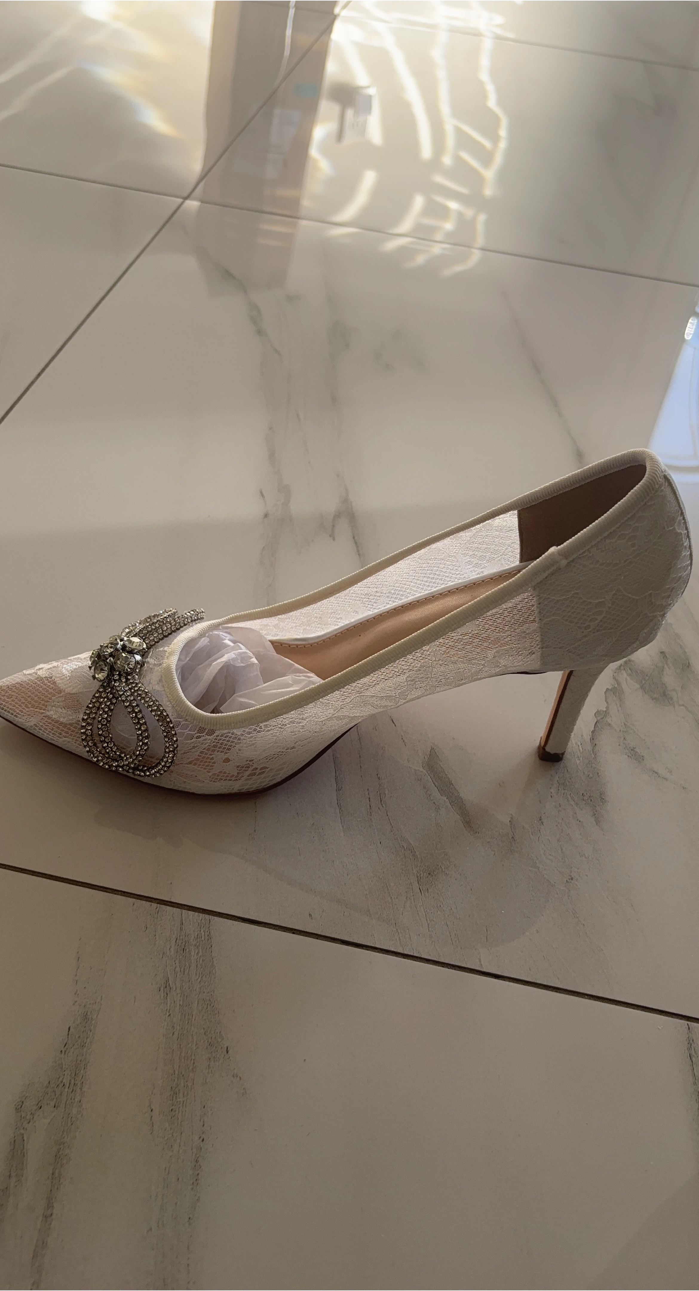 White Lace Heels with Rhinestone Detail