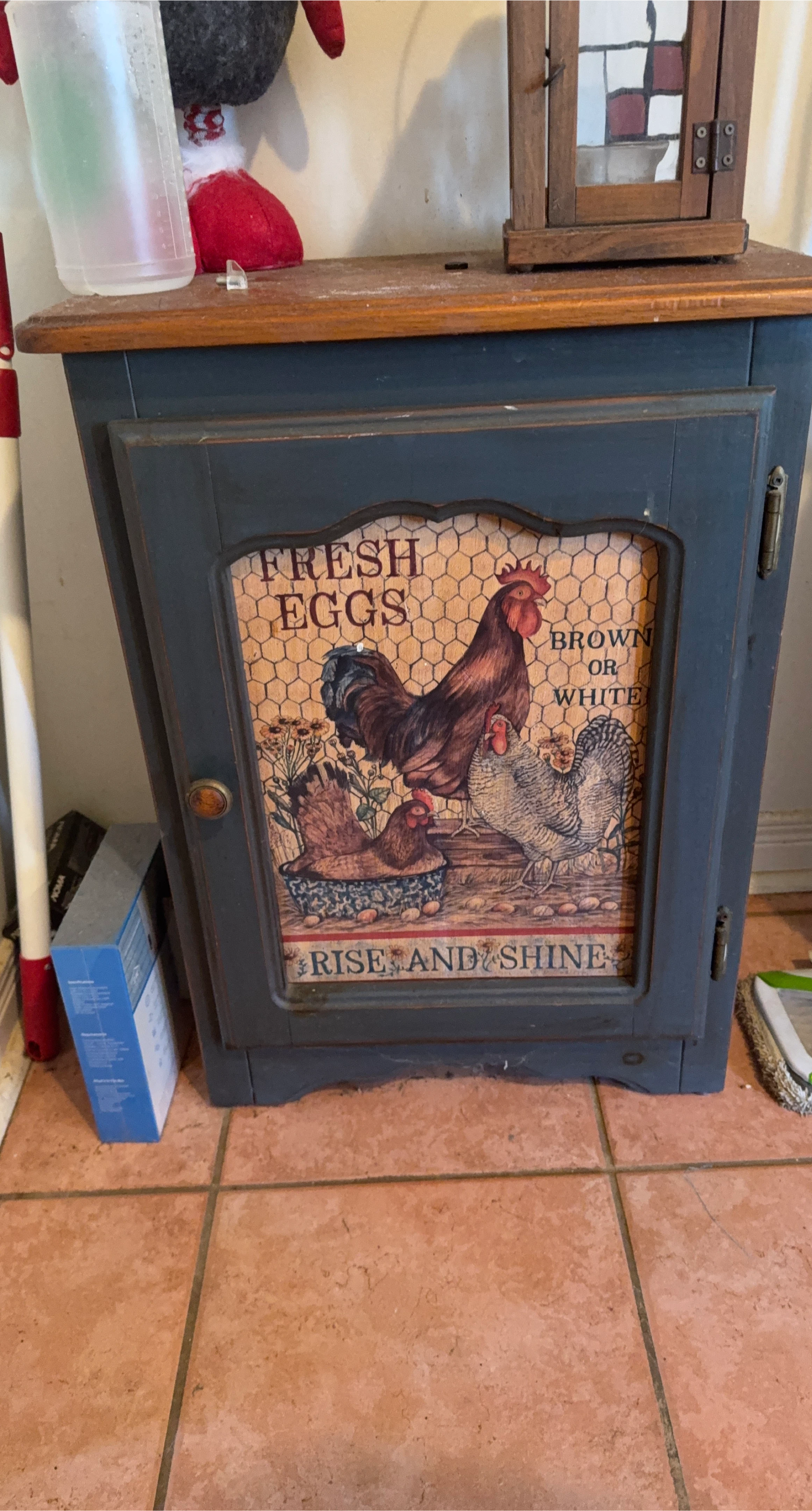 Painted Blue Cabinet with Chicken Design