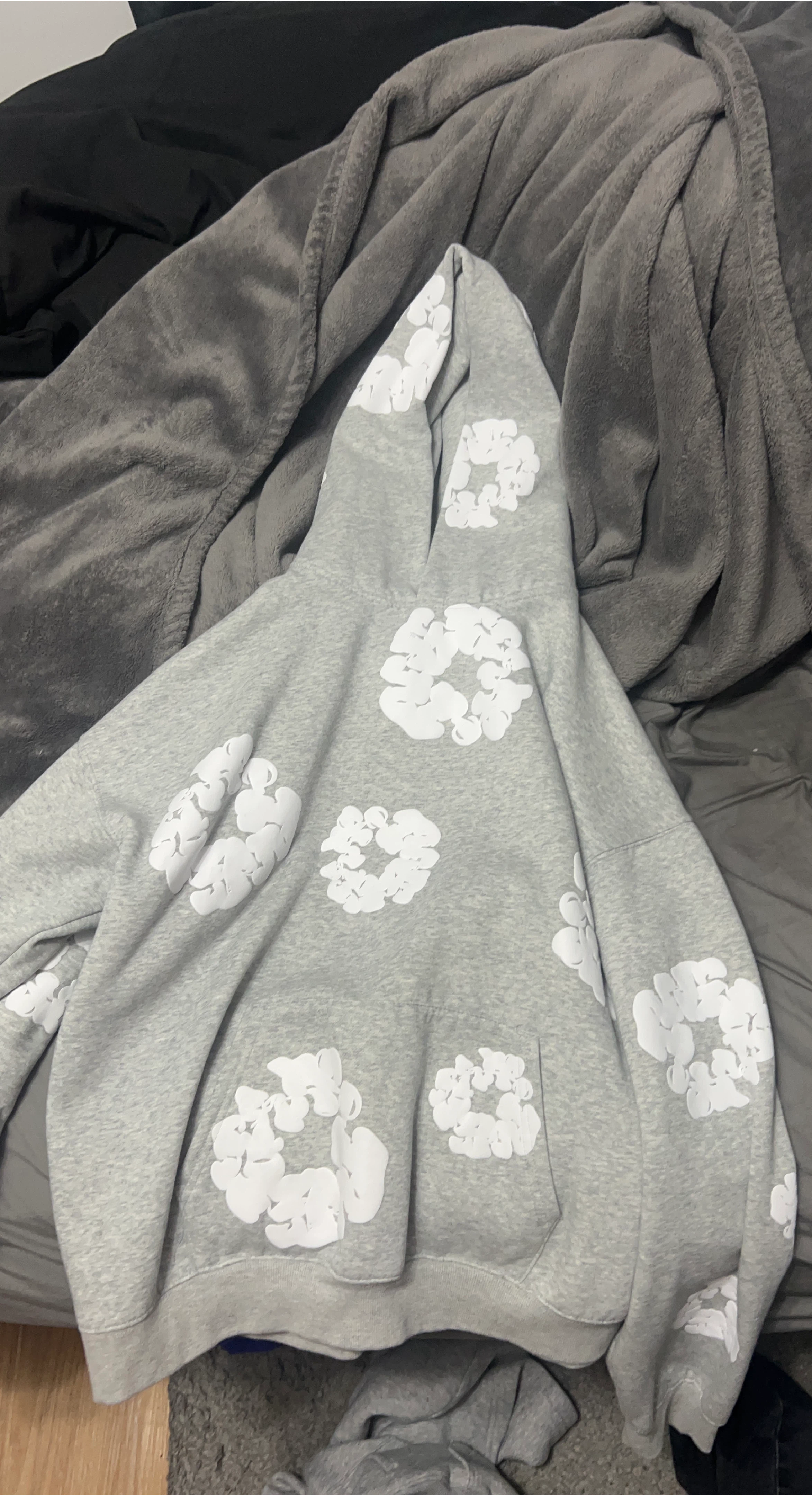 Grey Hoodie with White Floral Design