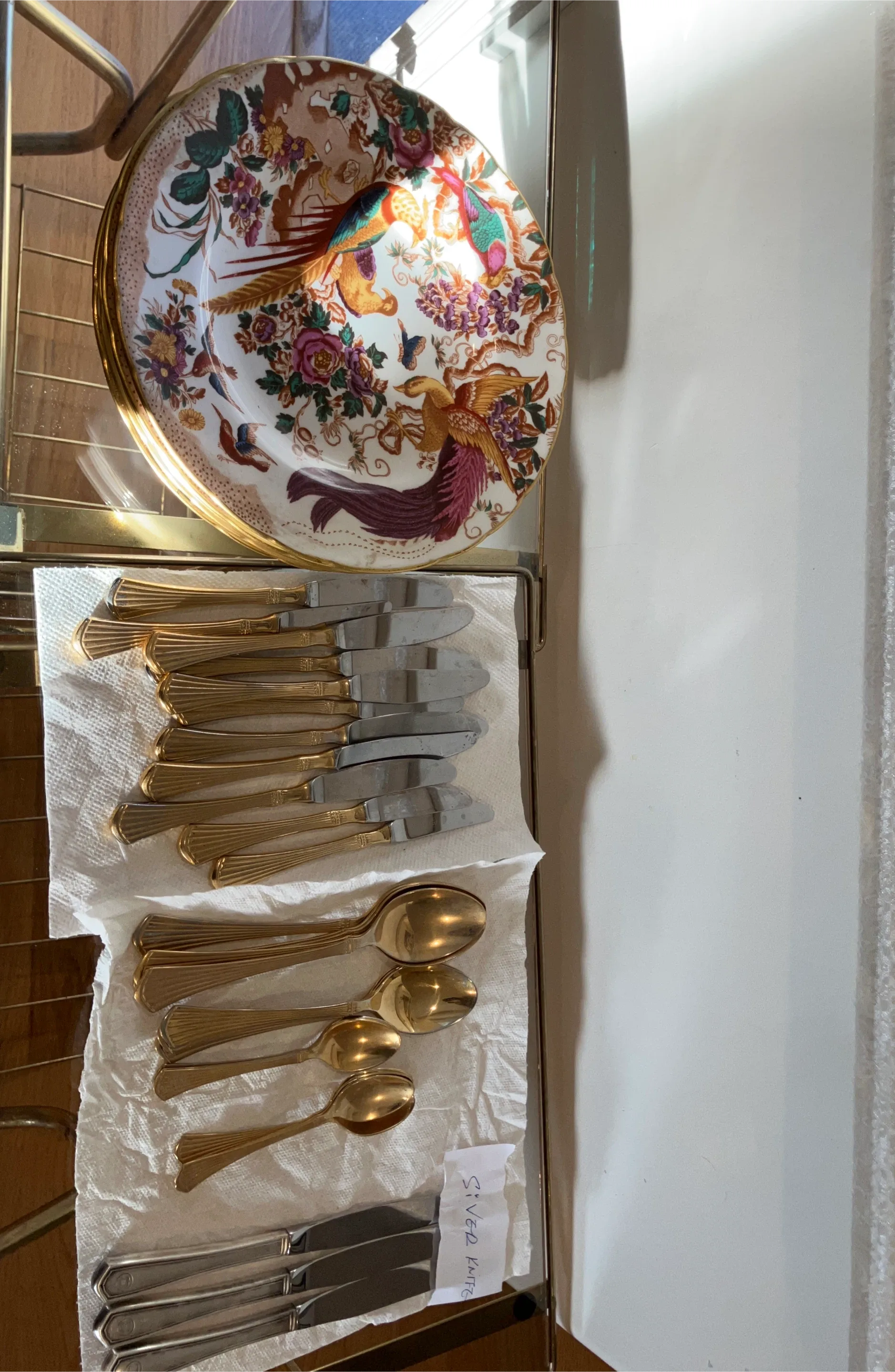 Vintage Plates and Gold Cutlery Set