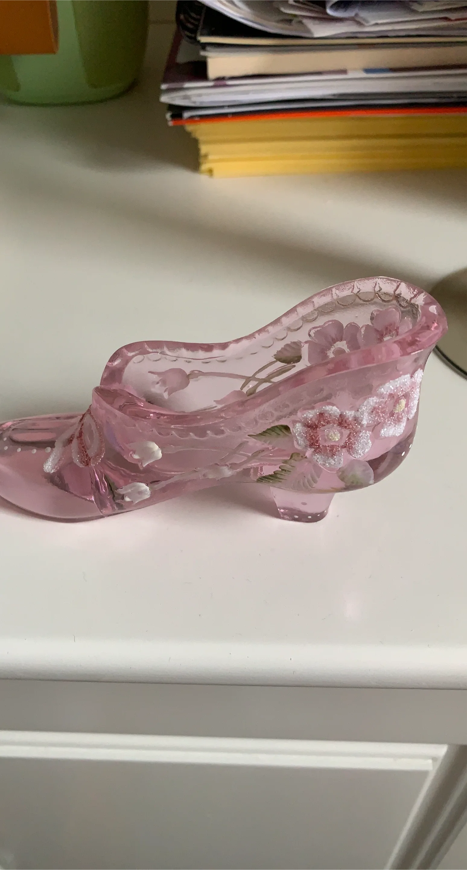 Pink Glass Slipper Figurine with Floral Design