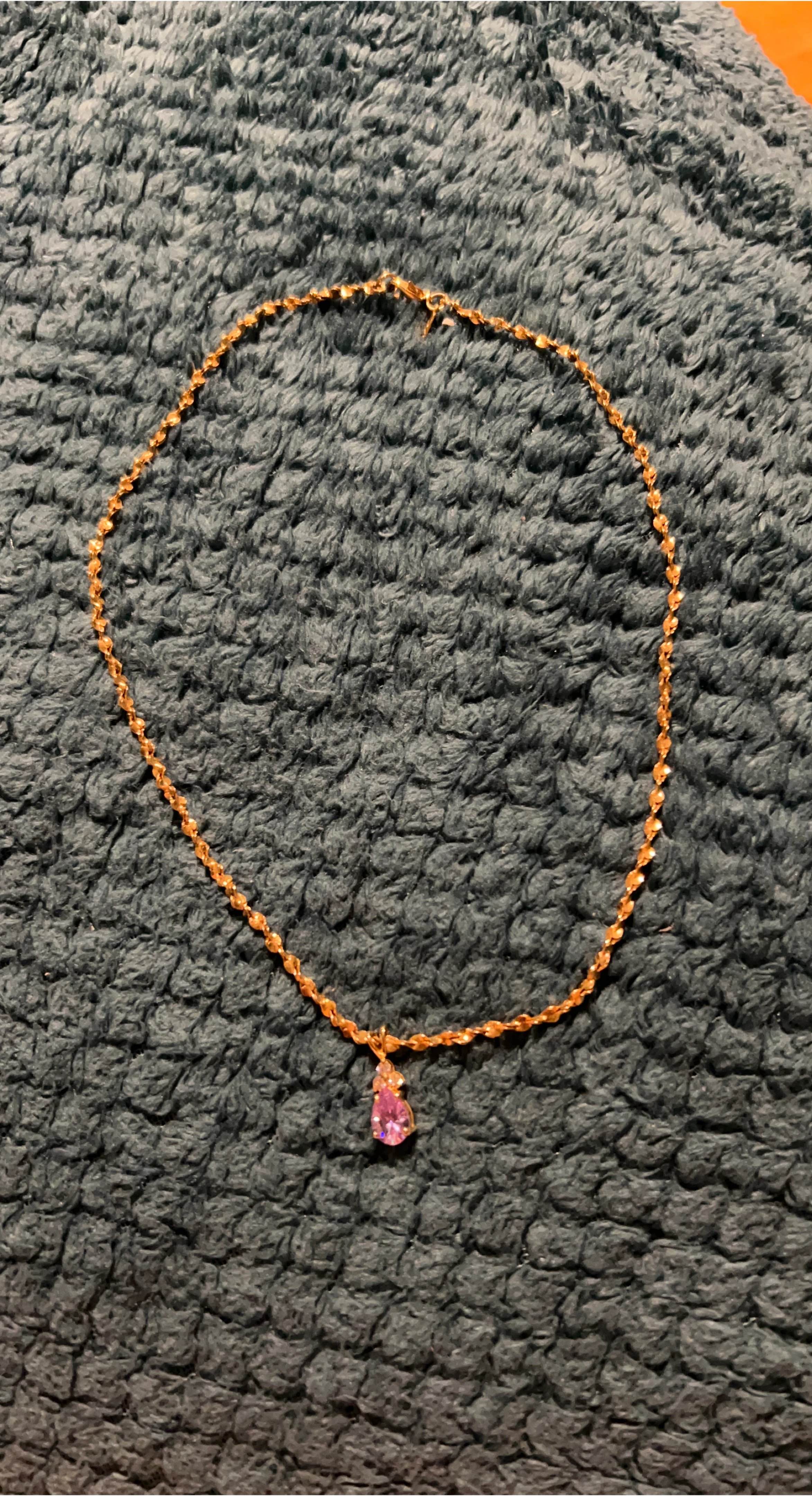 Gold Chain Necklace with Pink Teardrop Pendant